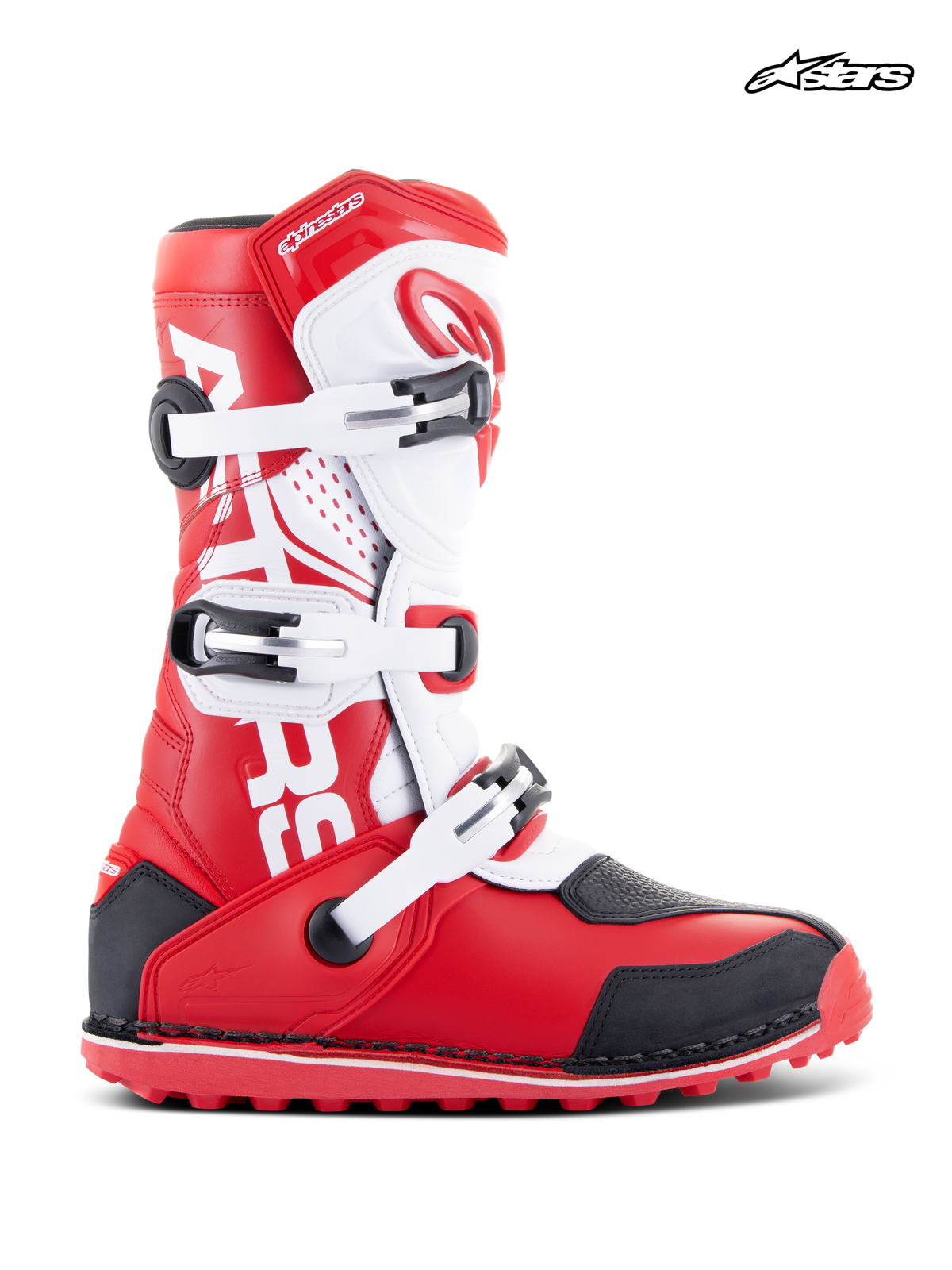 Alpinestars Tech-T laarzen, trial- en offroad-motorlaarzen in helderrood, wit en zwart, constructie van leer en microvezel met drie gespen en ergonomische scheenplaat