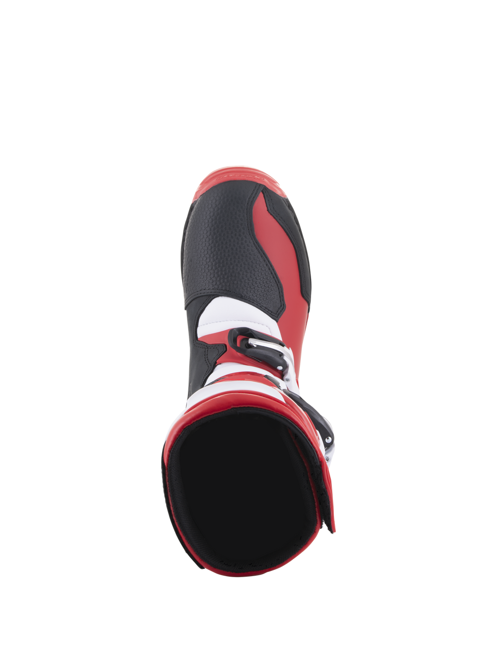 Alpinestars Tech-T Stiefel, Trial-Motorradstiefel, Hellrot, Schwarz und Weiß, Draufsicht mit Fokus auf die innere Knöchelöffnung und den Zehenbereich, mit schwarzen strukturierten Paneelen, roten Akzenten und weißen Details, entwickelt für Offroad-Performance