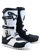 Alpinestars Tech-T laarzen, trial-motorlaarzen van zwart en wit leer, drie gespen, TPU-scheenplaat, CE-gecertificeerd.