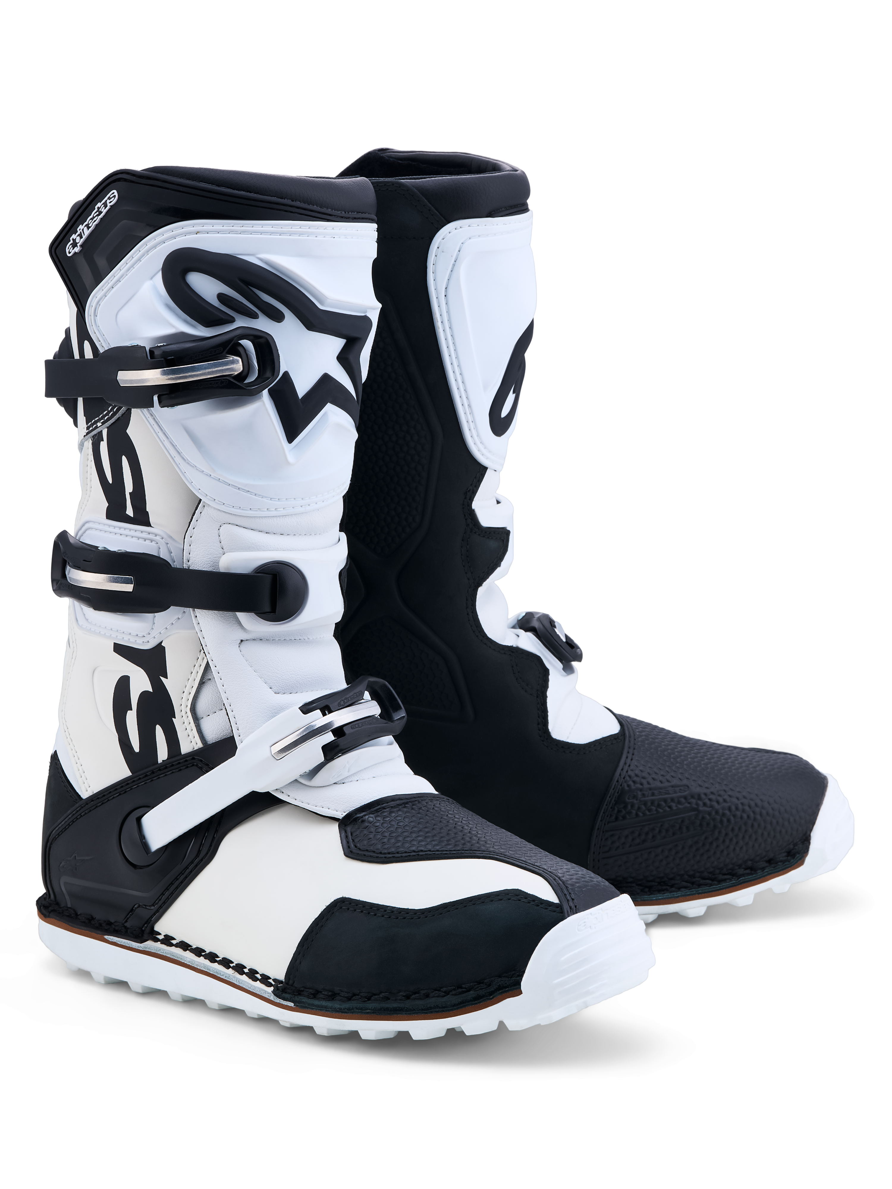 Alpinestars Tech-T laarzen, trial-motorlaarzen van zwart en wit leer, drie gespen, TPU-scheenplaat, CE-gecertificeerd.