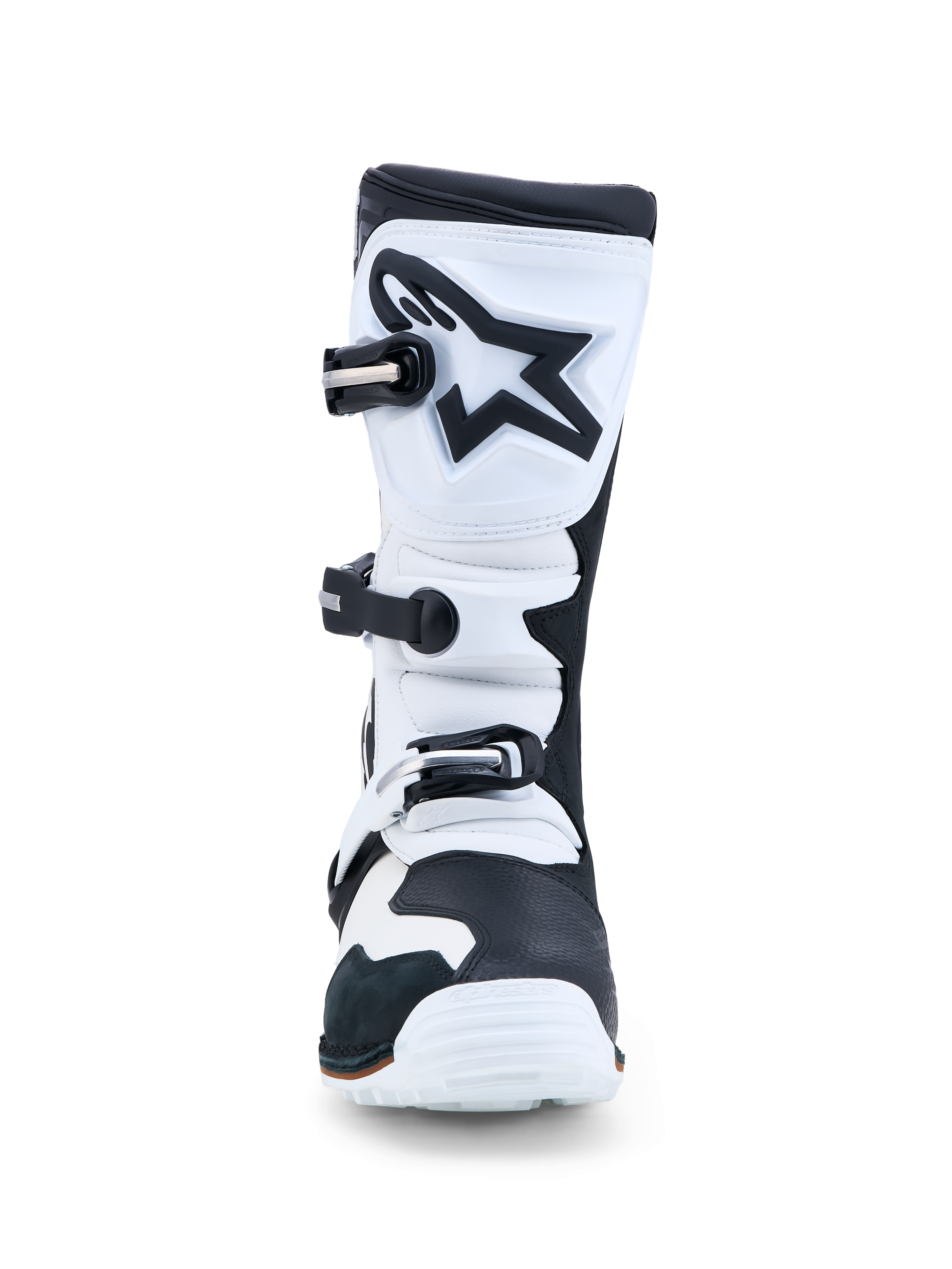 Alpinestars Tech-T laarzen, triallaarzen voor heren, zwart en wit leer, TPU-scheenbescherming, CE-gecertificeerd.