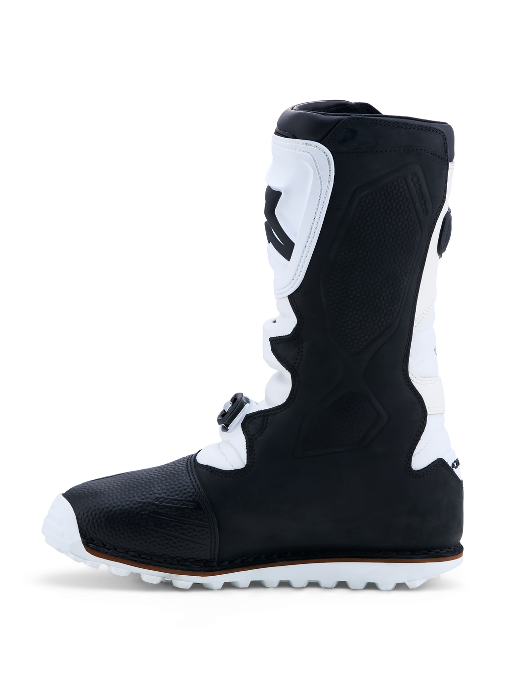 Alpinestars Tech-T triallaarzen, zwart en wit leer met TPU-scheenplaat en gripvaste zool, CE-gecertificeerd.