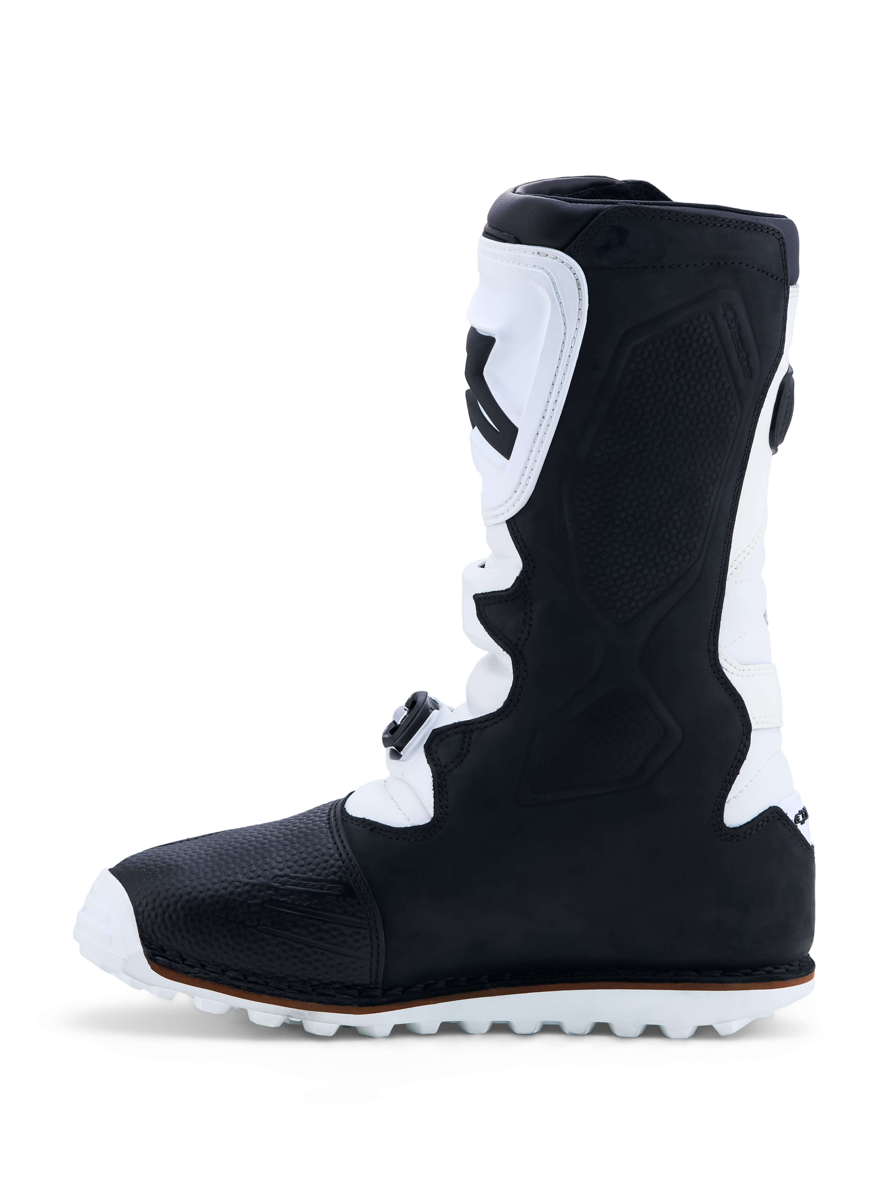 Alpinestars Tech-T triallaarzen, zwart en wit leer met TPU-scheenplaat en gripvaste zool, CE-gecertificeerd.