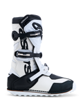 Alpinestars Tech-T, bottes de moto trial, noires et blanches, certifiées CE, plaque tibiale en TPU et construction en cuir.