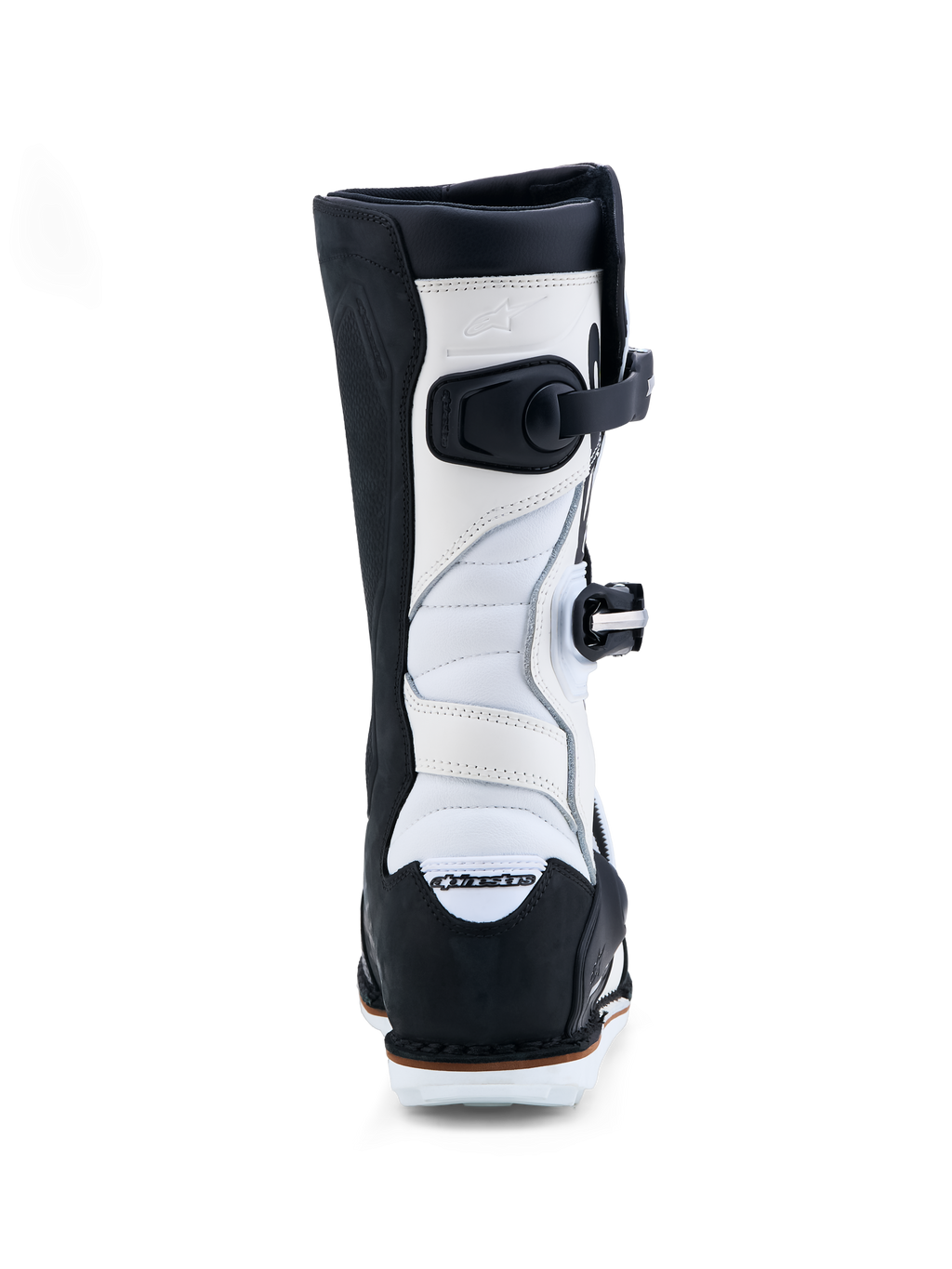 Alpinestars Tech-T laarzen, trialmotorlaarzen voor heren, zwart en wit, leer met accordeonstretchzones, achteraanzicht