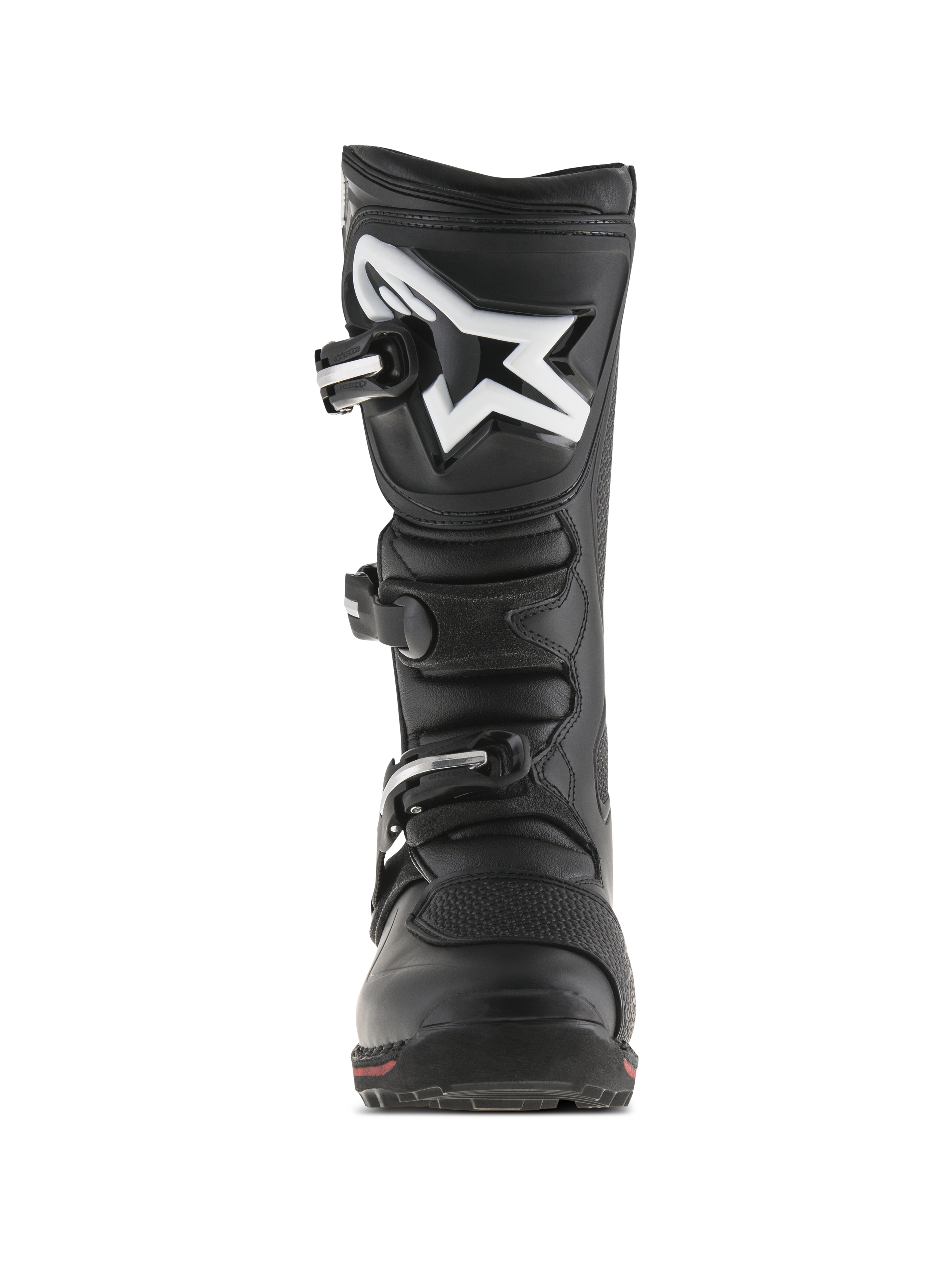 Alpinestars Tech-T Stiefel, Trials-Motorradstiefel, Schwarz und Rot, Vorderansicht mit ergonomischem Schienbeinschutz und weißem Astar-Logo, Drei-Schnallen-Verschlusssystem und strapazierfähiger Lederkonstruktion mit rotem Akzent an der Sohle.