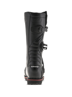 Alpinestars Tech-T Stiefel, Trial-Stiefel, Schwarz und Rot, Rückansicht mit Alpinestars-Logo an der Ferse, Schnallenverschlüssen und einer roten Akzentlinie entlang der Sohle, technisches Offroad-Schuhdesign