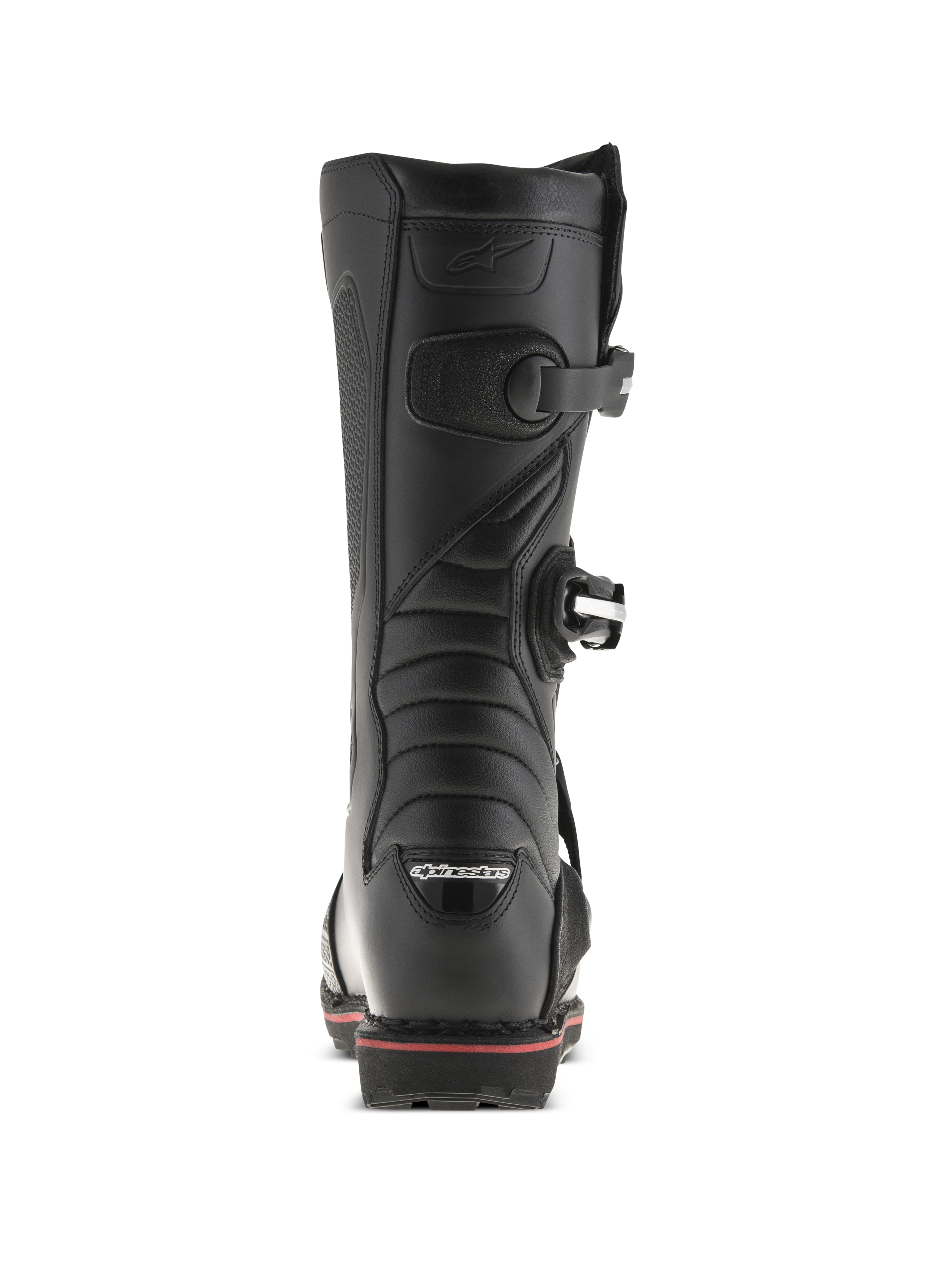 Alpinestars Tech-T Stiefel, Trial-Stiefel, Schwarz und Rot, Rückansicht mit Alpinestars-Logo an der Ferse, Schnallenverschlüssen und einer roten Akzentlinie entlang der Sohle, technisches Offroad-Schuhdesign