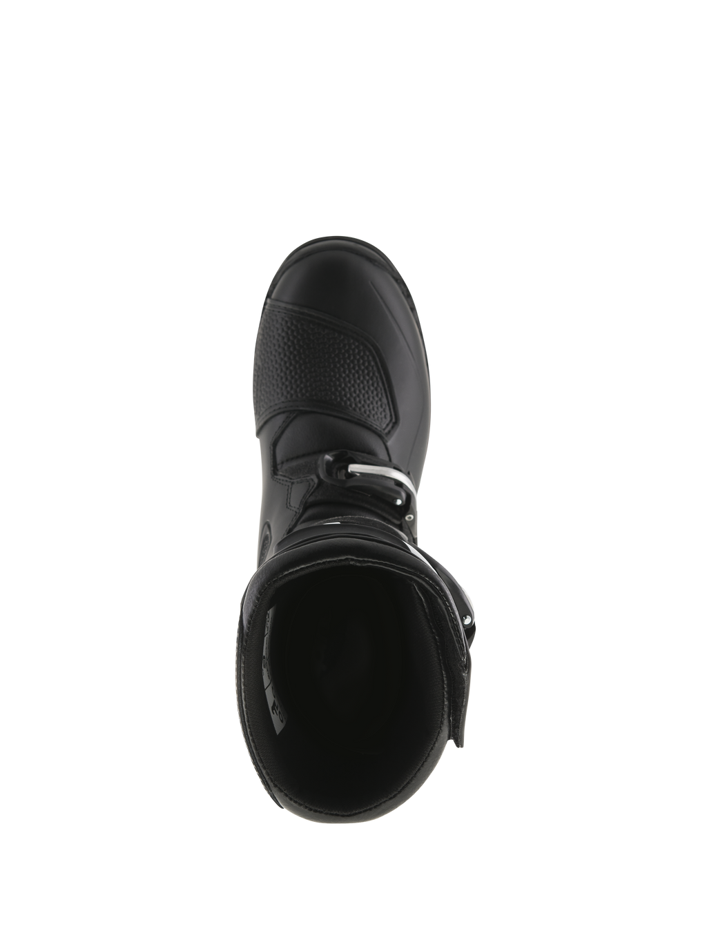 Alpinestars Tech-T Stiefel, Trial-Motorradstiefel, Schwarz, Ansicht von oben mit Blick auf die Innenöffnung, strukturierte Schaltverstärkung an der Zehenkappe und Schnallenverschluss