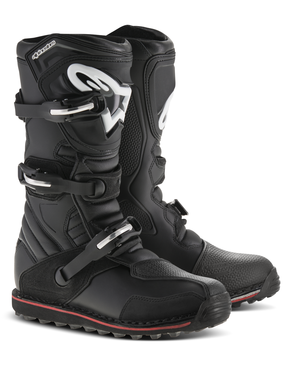 Alpinestars Tech-T Stiefel, Trial-Motorradstiefel, Schwarz mit roten und weißen Akzenten, Drei-Schnallen-Verschlusssystem, ergonomische Schienbeinplatte mit weißem Astars-Logo, dünner roter Streifen an der Sohle, strapazierfähige Lederkonstruktion für Trial- und Offroad-Fahrten