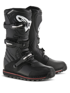 Alpinestars Tech-T Stiefel, Trial-Motorradstiefel, Schwarz mit roten und weißen Akzenten, Drei-Schnallen-Verschlusssystem, ergonomische Schienbeinplatte mit weißem Astars-Logo, dünner roter Streifen an der Sohle, strapazierfähige Lederkonstruktion für Trial- und Offroad-Fahrten