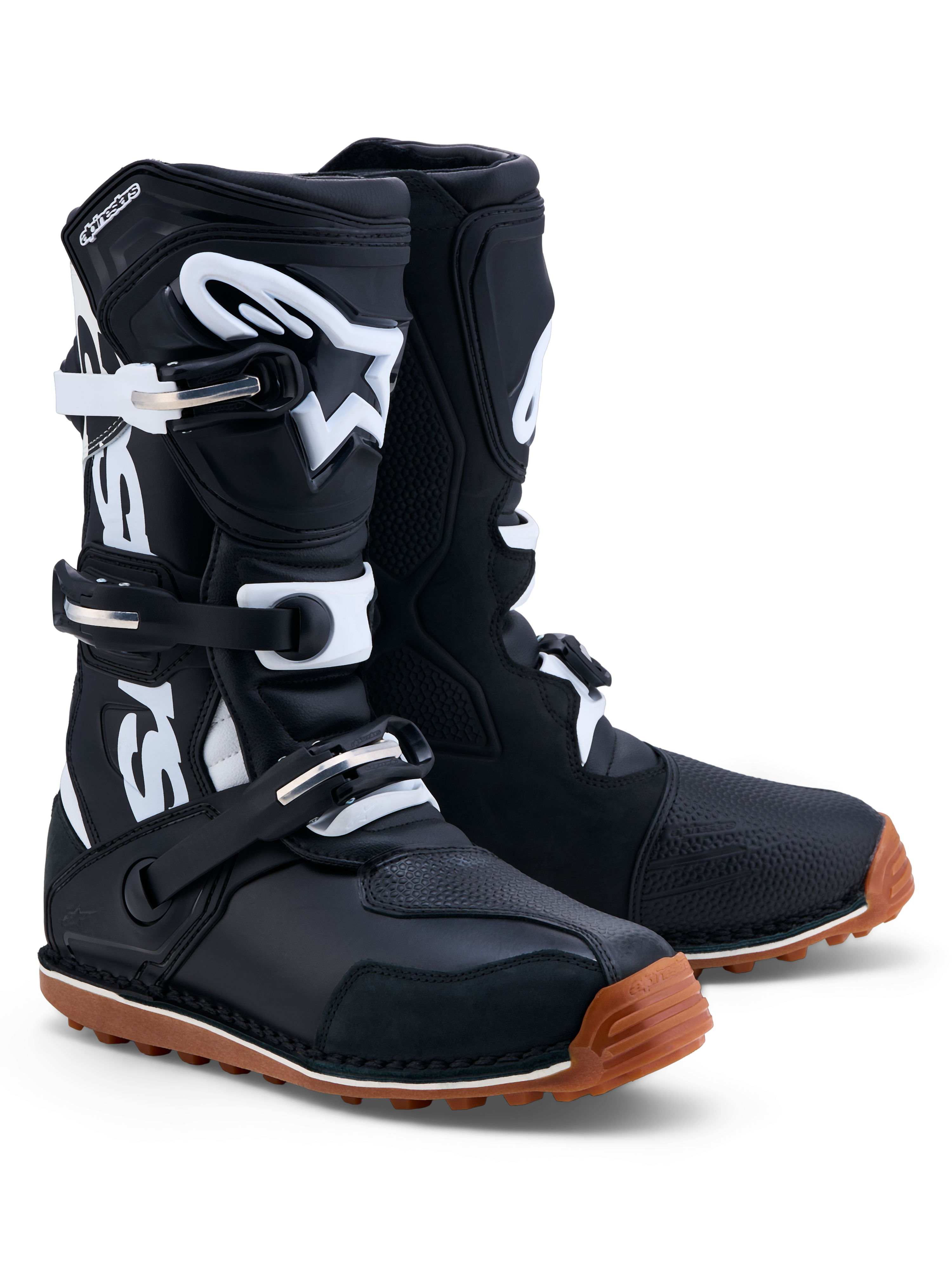 Alpinestars Tech-T laarzen, heren trialmotorlaarzen, zwart en wit, leer met TPU-scheenplaat en rubberen gripzool, CE-gecertificeerd.