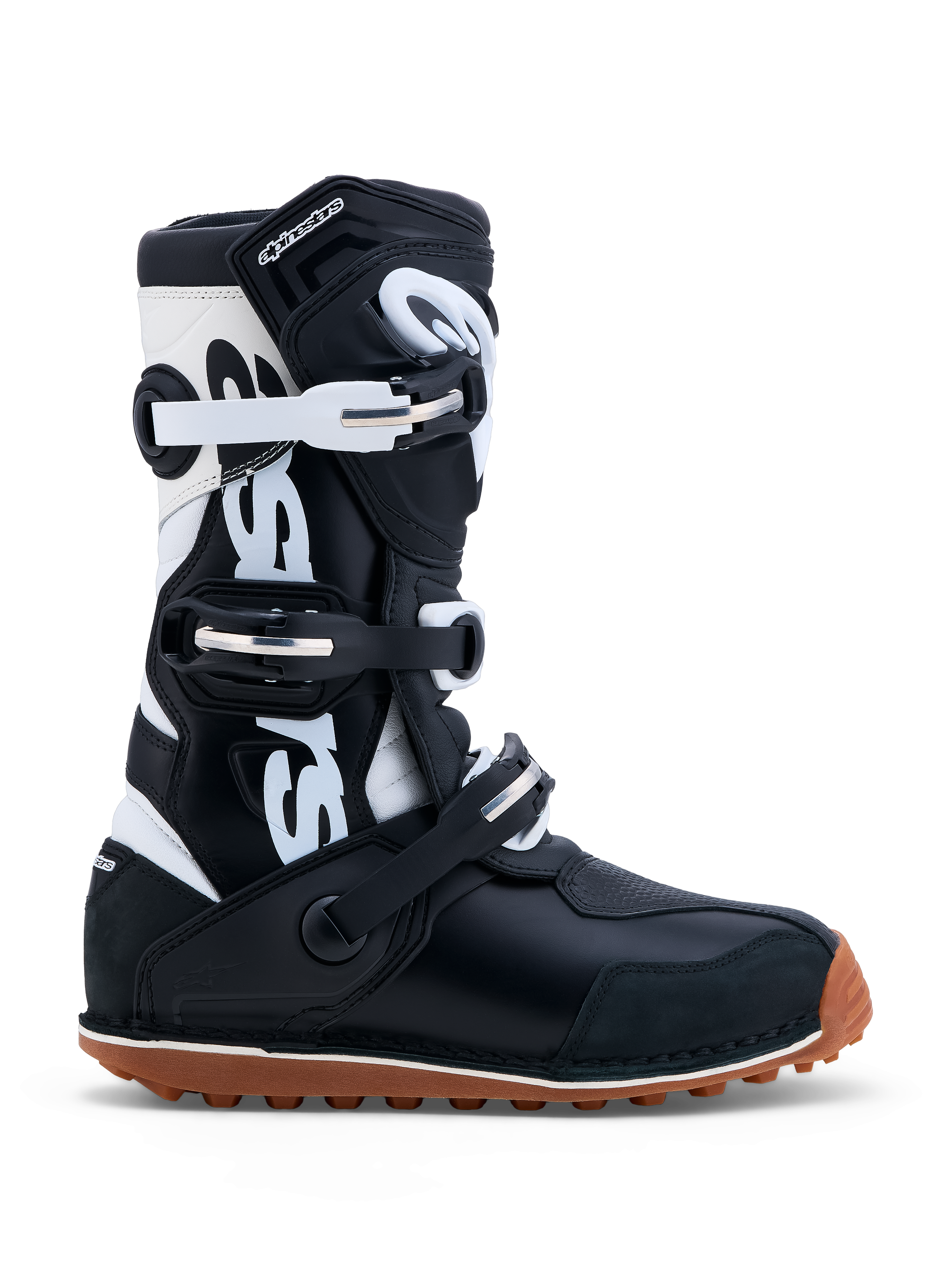 Alpinestars Tech-T laarzen, heren trialsmotorlaarzen, zwart en wit leer, CE-gecertificeerd, rubberen zool met hoge grip.