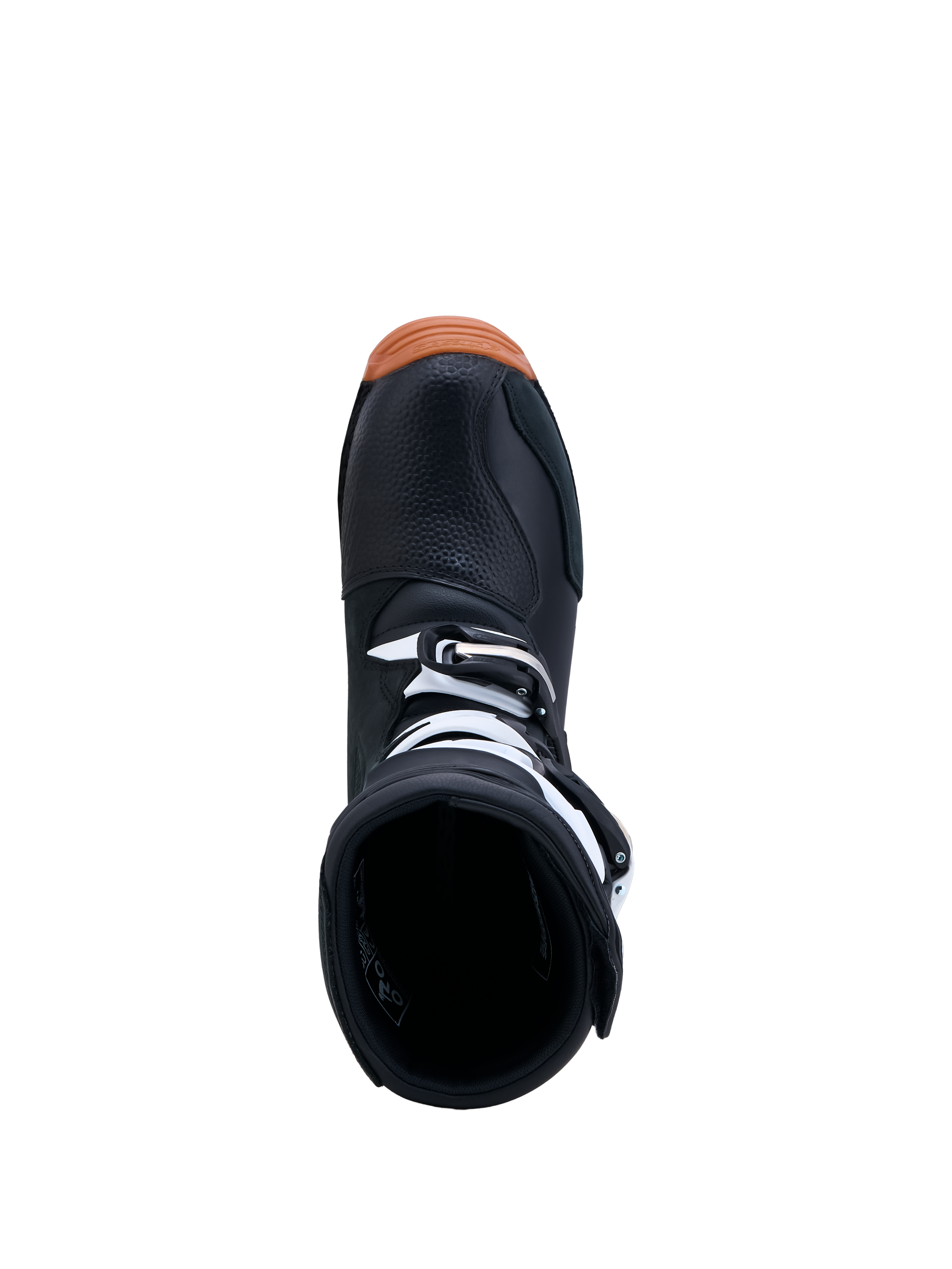 Alpinestars Tech-T laarzen, trial motorlaarzen voor heren, zwart en wit met bruine rubberen zool, bovenaanzicht van de instapopening en gespsluitingen.