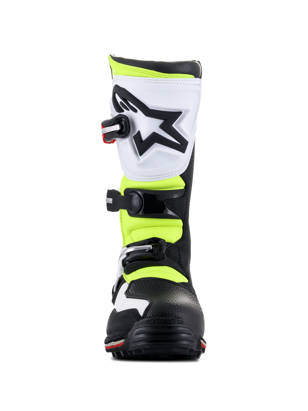 Alpinestars Tech-T Stiefel, Trial-Schuhe, Weiß, Rot, Neongelb und Schwarz, Vorderansicht, mit einem weißen ergonomischen Schienbeinschutz mit schwarzem Stern-Logo, verstellbaren Schnallen und neongelben Einsätzen.