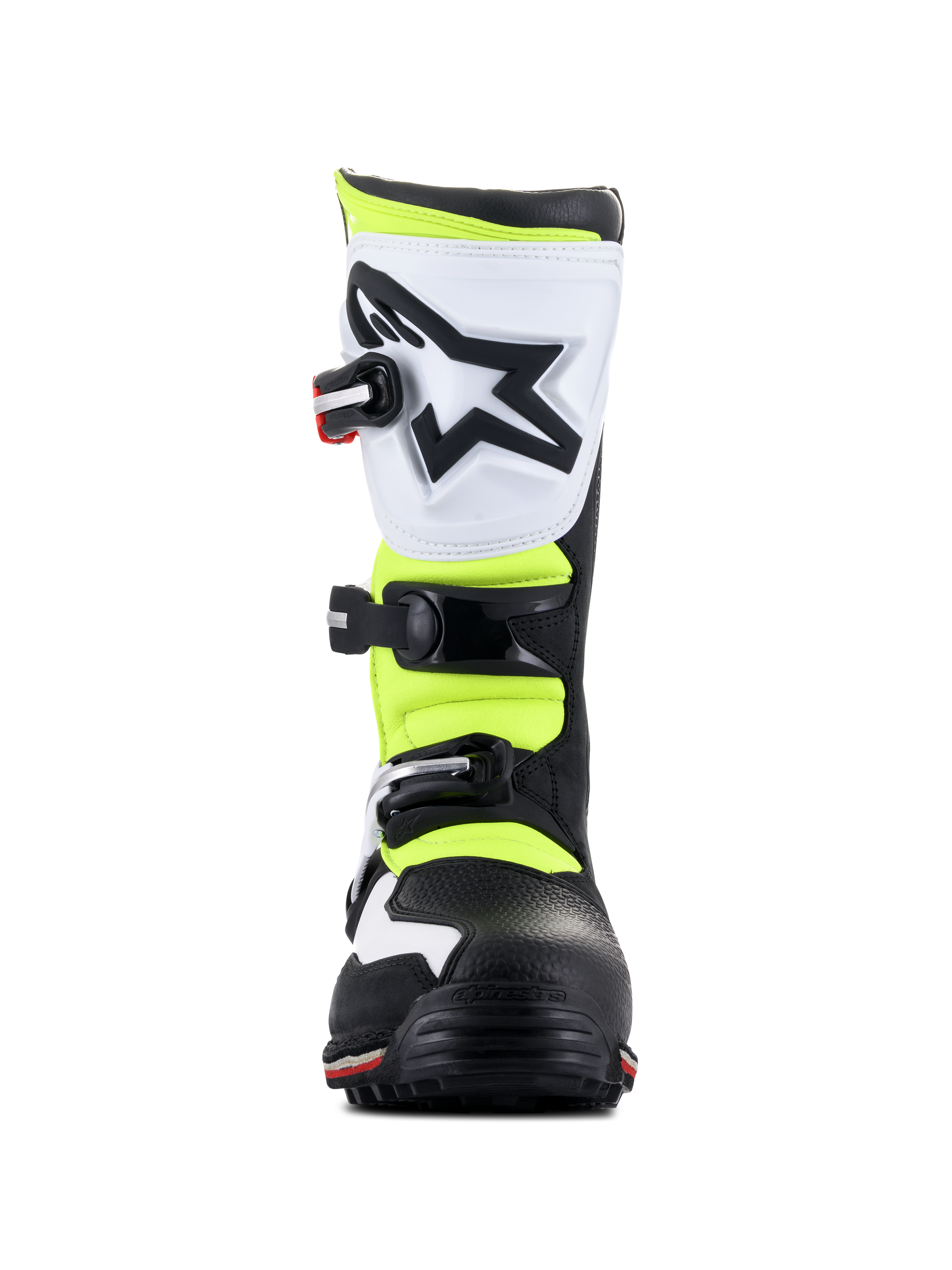 Alpinestars Tech-T Stiefel, Trial-Schuhe, Weiß, Rot, Neongelb und Schwarz, Vorderansicht, mit einem weißen ergonomischen Schienbeinschutz mit schwarzem Stern-Logo, verstellbaren Schnallen und neongelben Einsätzen.