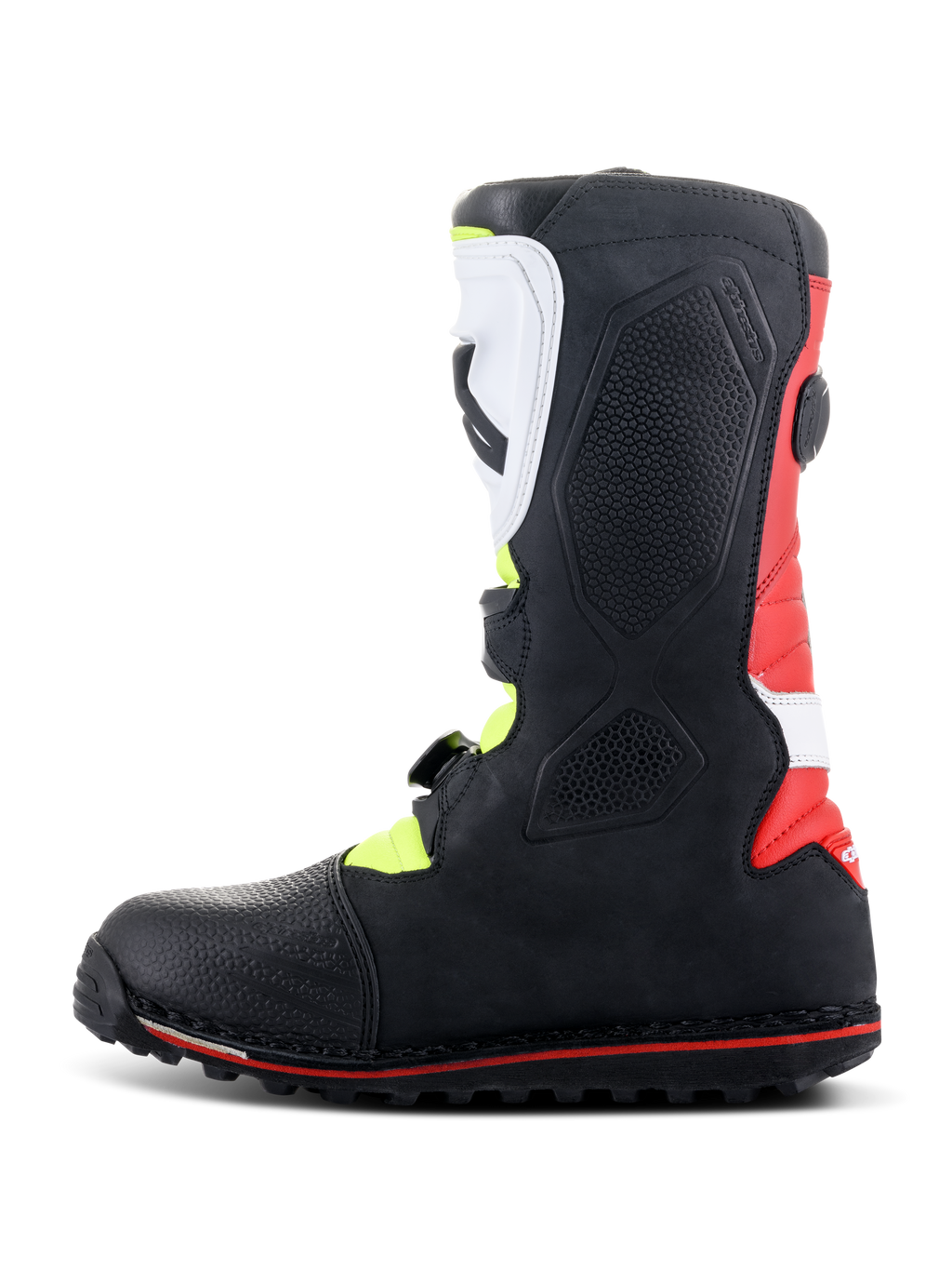 Alpinestars Tech-T Stiefel, Trial-Motorradstiefel, Weiß, Rot, Gelb Fluo und Schwarz, Seitenansicht mit ergonomischer weißer Schienbeinplatte und Schnallensystem, rotem Fersenpanel und spezieller Trial-Sohle mit roter Akzentlinie.