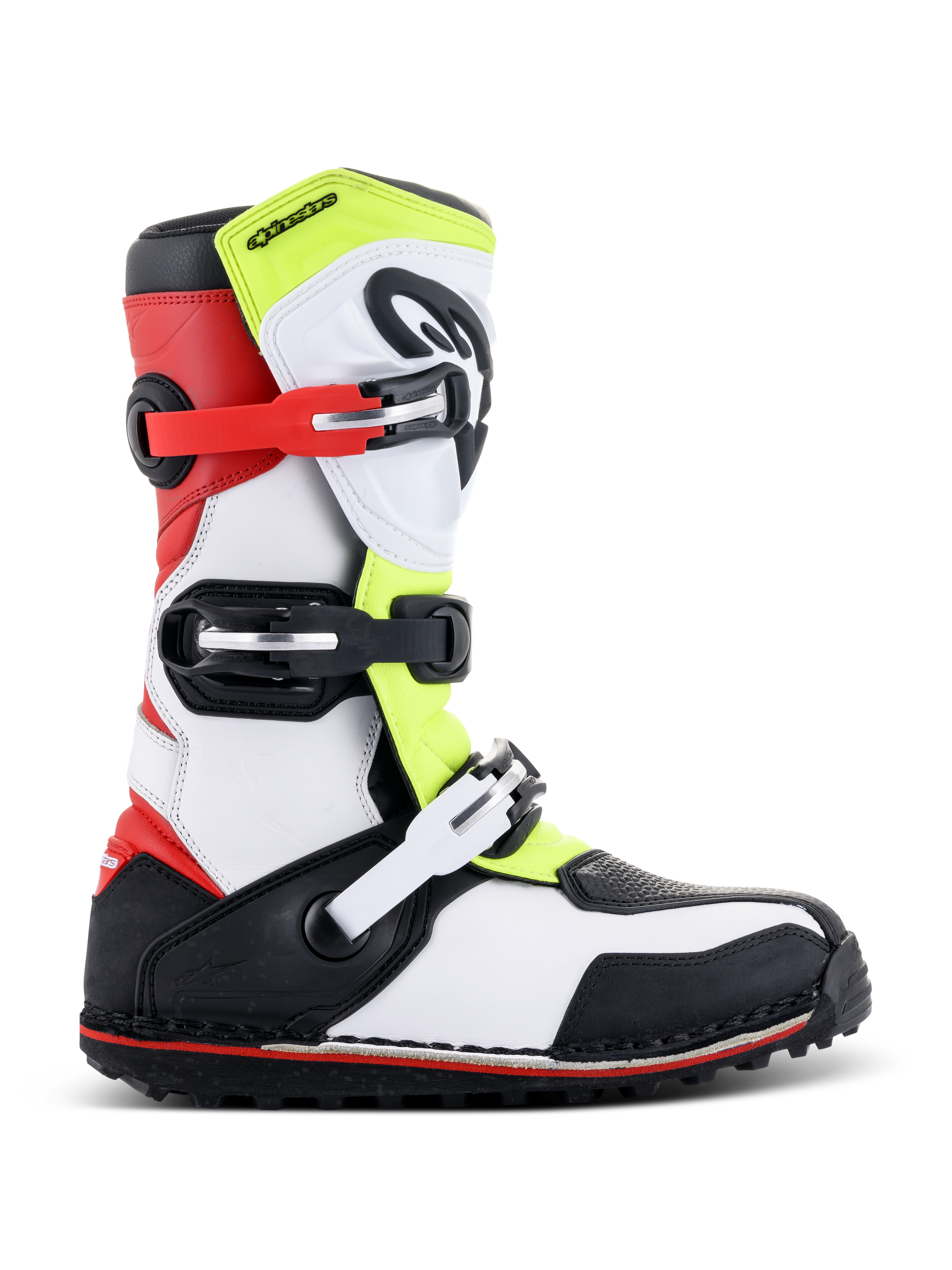 Alpinestars Tech-T Stiefel, Trial-Motorradstiefel, Weiß, Rot, Gelb fluoreszierend und Schwarz, mit schützender Schienbeinplatte, verstellbaren Schnallen in Rot und Schwarz und einer speziellen Sohle für den Trial-Sport, Seitenansicht