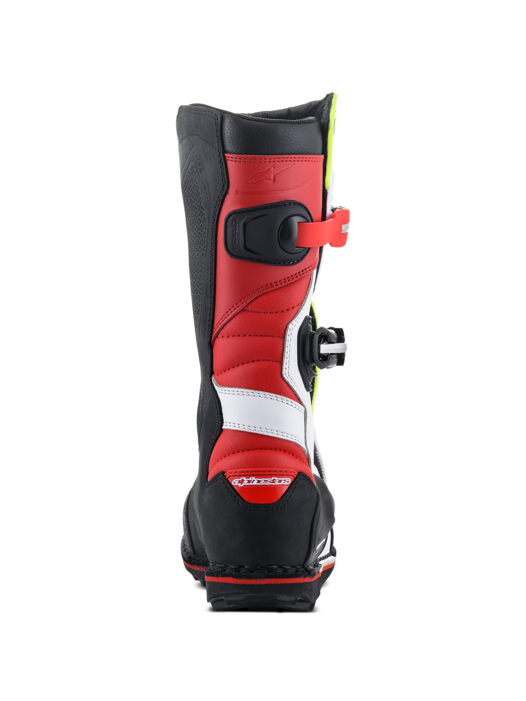 Alpinestars Tech-T Stiefel, Trial-Motorradstiefel, Weiß, Rot, Gelb Fluo und Schwarz, Rückansicht mit roter Lederkonstruktion und weißen Akzenten, schwarzer Fersenschutz mit rotem Logo und einer robusten schwarzen Sohle für Traktion im Gelände.