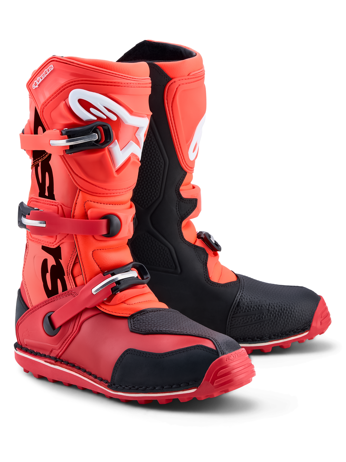 Alpinestars Tech-T laarzen, trial motorlaarzen in rood en zwart, CE-gecertificeerd leer met TPU-scheenplaat en gripzool.