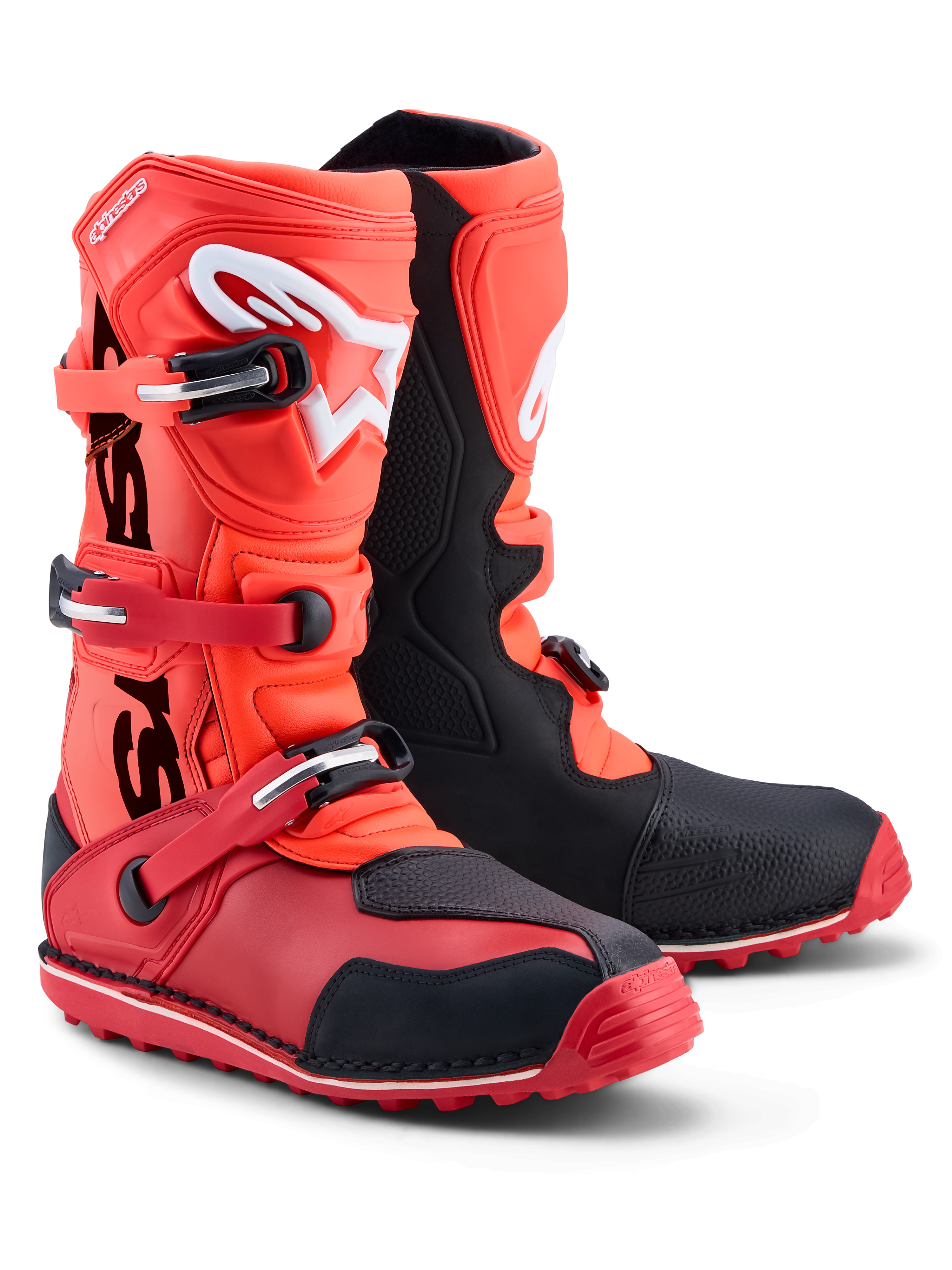 Alpinestars Tech-T laarzen, trial motorlaarzen in rood en zwart, CE-gecertificeerd leer met TPU-scheenplaat en gripzool.