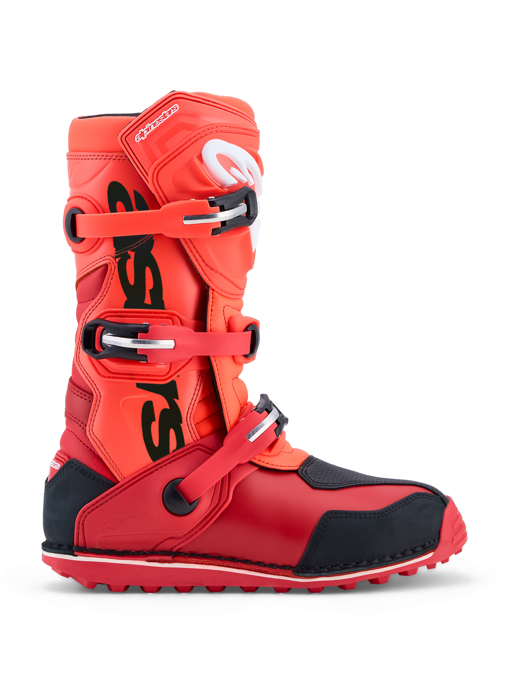 Alpinestars Tech-T triallaarzen in fluorescerend rood en zwart, met drie gespen sluiting, TPU-bescherming en CE-certificering.