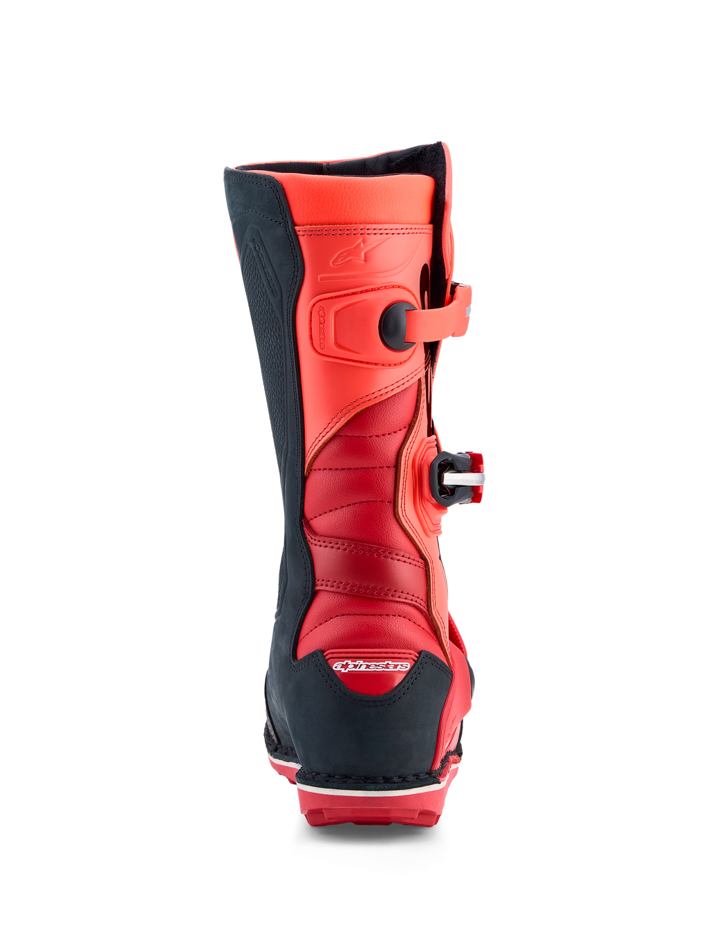 Alpinestars Tech-T trialmotorlaarzen in fluo rood en zwart leer met accordeon stretchzones en CE-gecertificeerde bescherming.