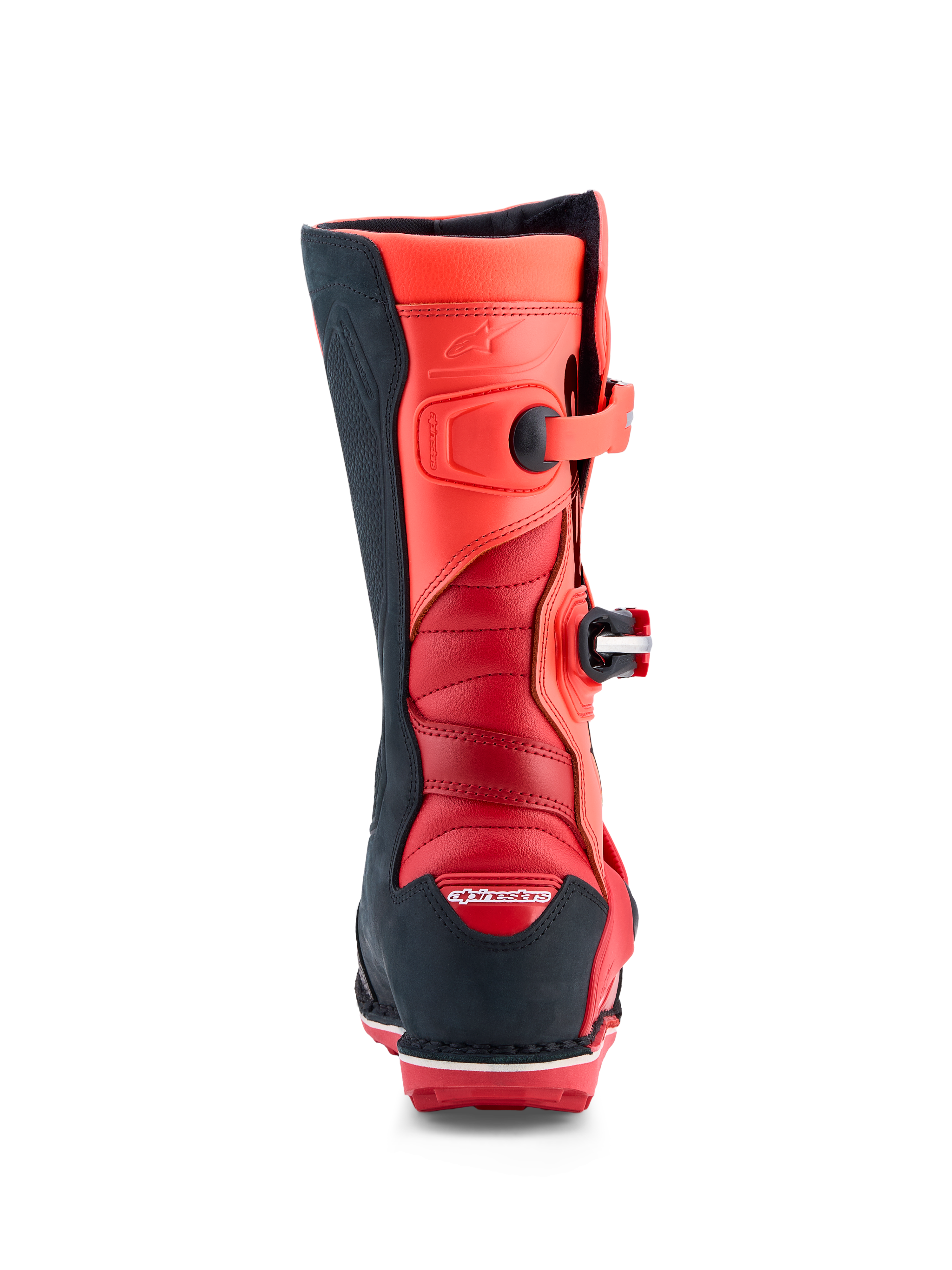 Alpinestars Tech-T trialmotorlaarzen in fluo rood en zwart leer met accordeon stretchzones en CE-gecertificeerde bescherming.