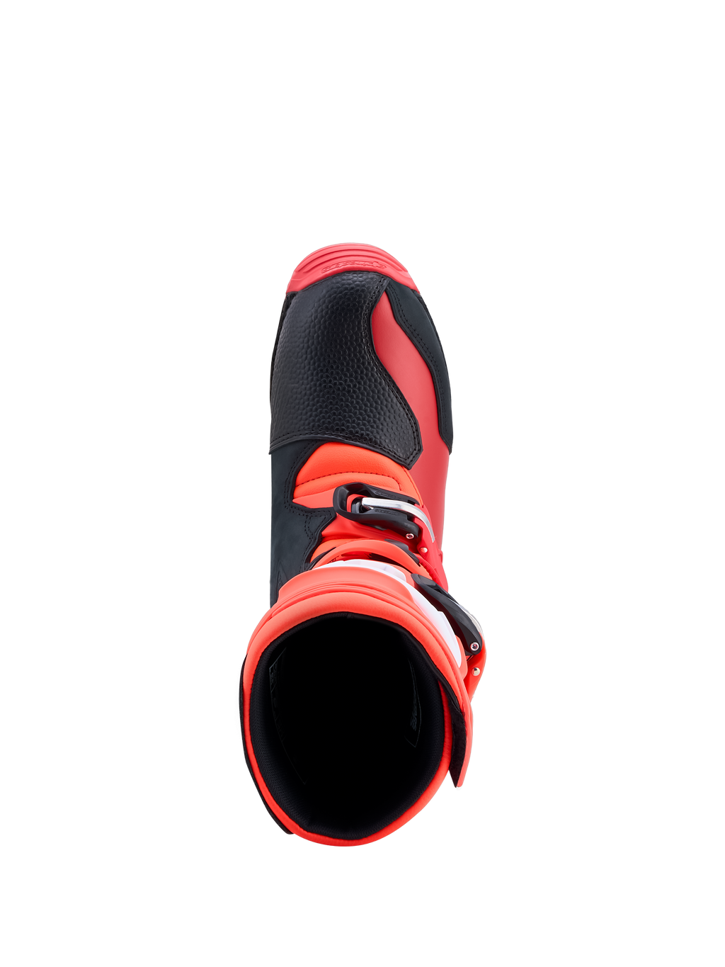 Alpinestars Tech-T laarzen, rode en zwarte trialmotorlaarzen van leer, bovenaanzicht met gespen, CE-gecertificeerd.