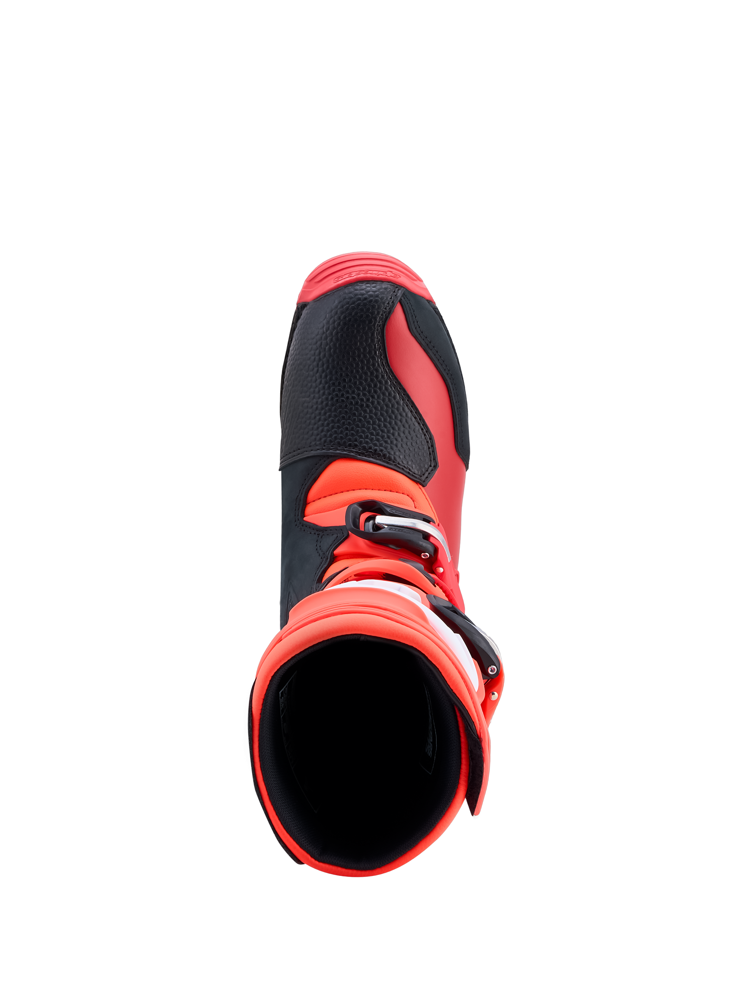 Alpinestars Tech-T laarzen, rode en zwarte trialmotorlaarzen van leer, bovenaanzicht met gespen, CE-gecertificeerd.