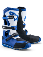 Alpinestars Tech-T laarzen, heren trials motorlaarzen in blauw, zwart en wit, lederen bovenwerk met TPU-bescherming, drie gespen en gripzool, CE-gecertificeerd.