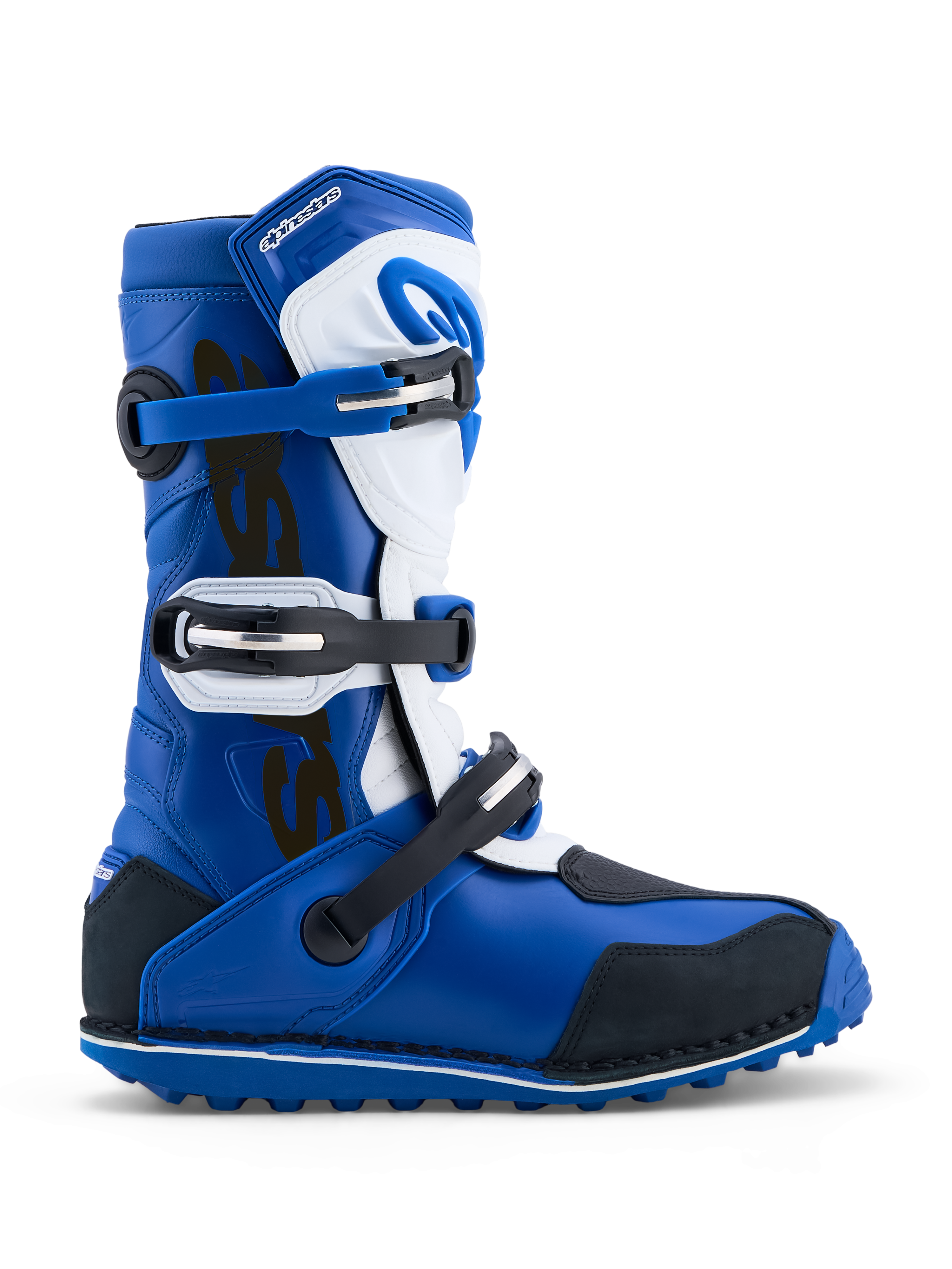Alpinestars Tech-T laarzen, triallaarzen, blauw en wit, leer, drie gespen, rubberen gripzool, CE-gecertificeerd