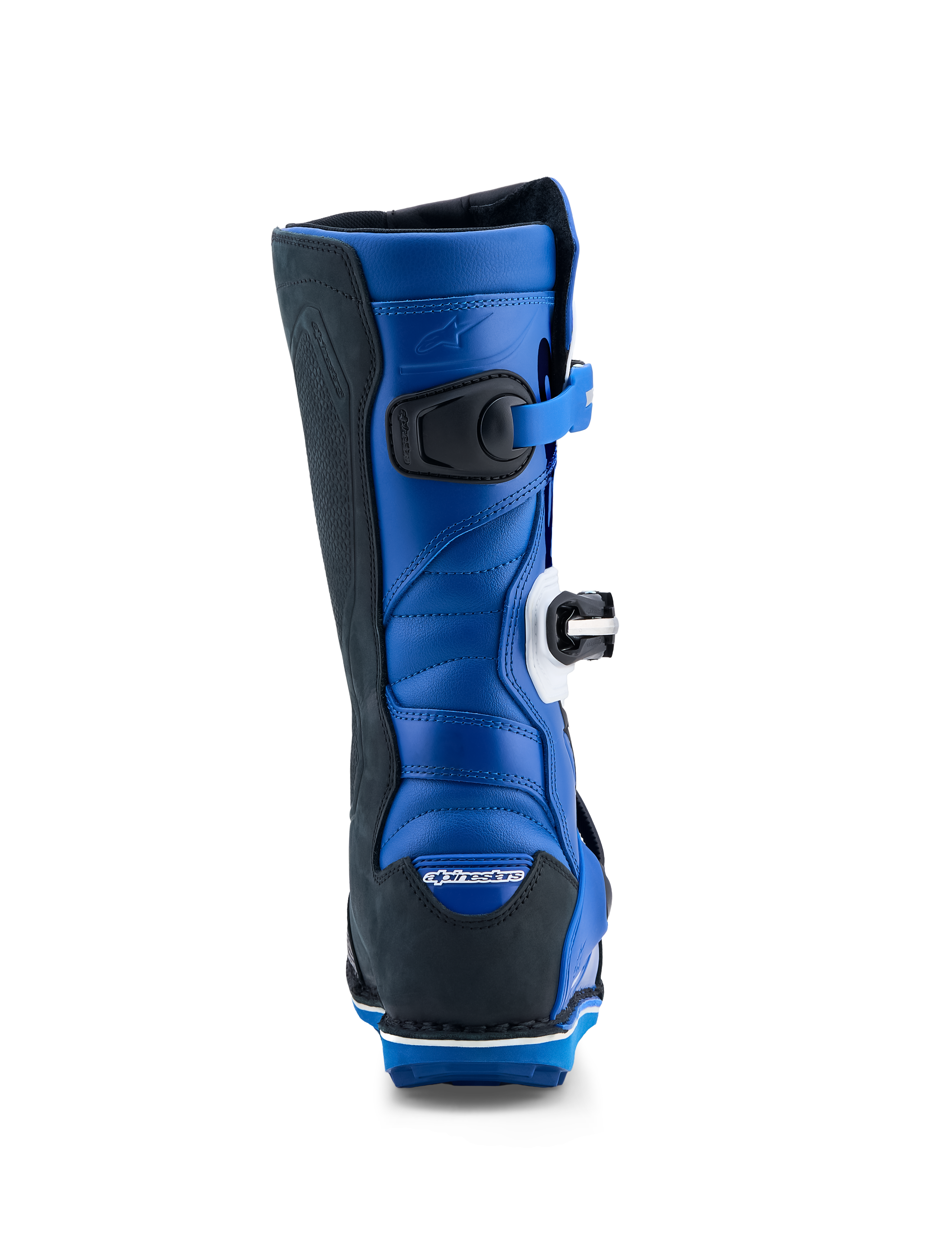 Alpinestars Tech-T laarzen, heren-trialmotorlaarzen, blauw en zwart, achteraanzicht, lederen constructie met flexzones.