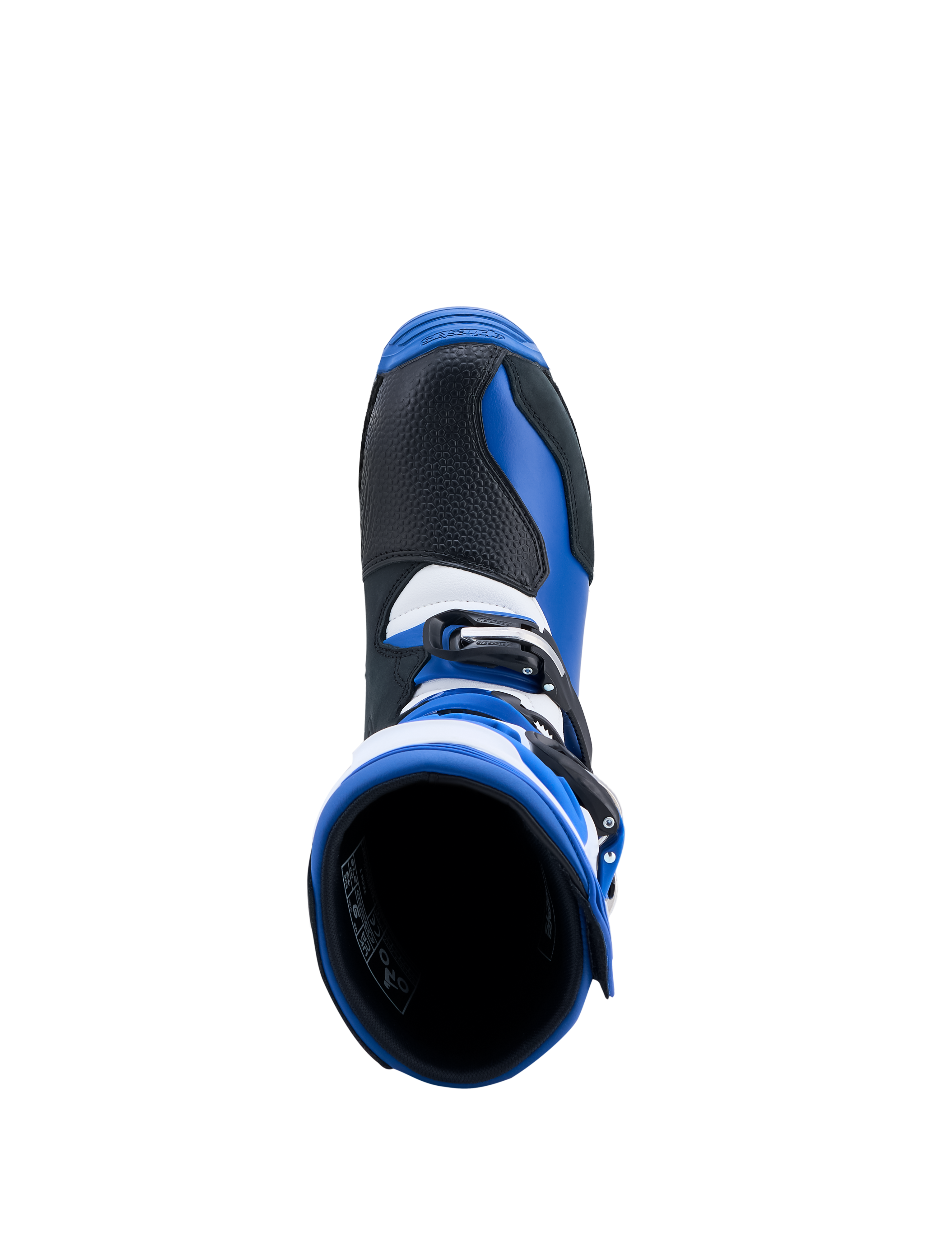 Alpinestars Tech-T laarzen, triallaarzen, blauw, zwart en wit, bovenaanzicht met instapopening en lederen constructie
