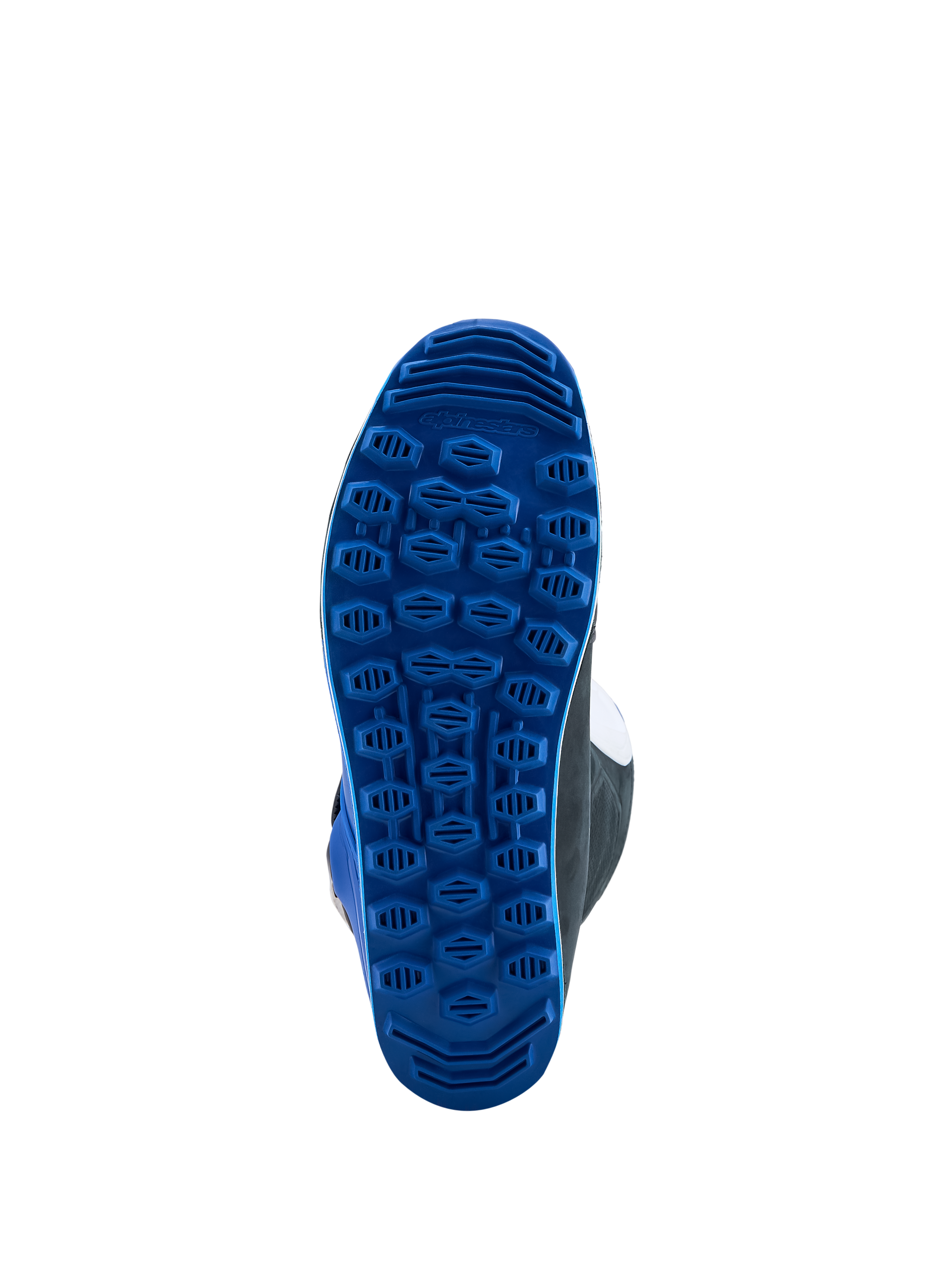 Alpinestars Tech-T motorlaarzen voor trialrijden, blauwe rubberen zool met hoge grip voor precies gevoel op de voetsteunen.