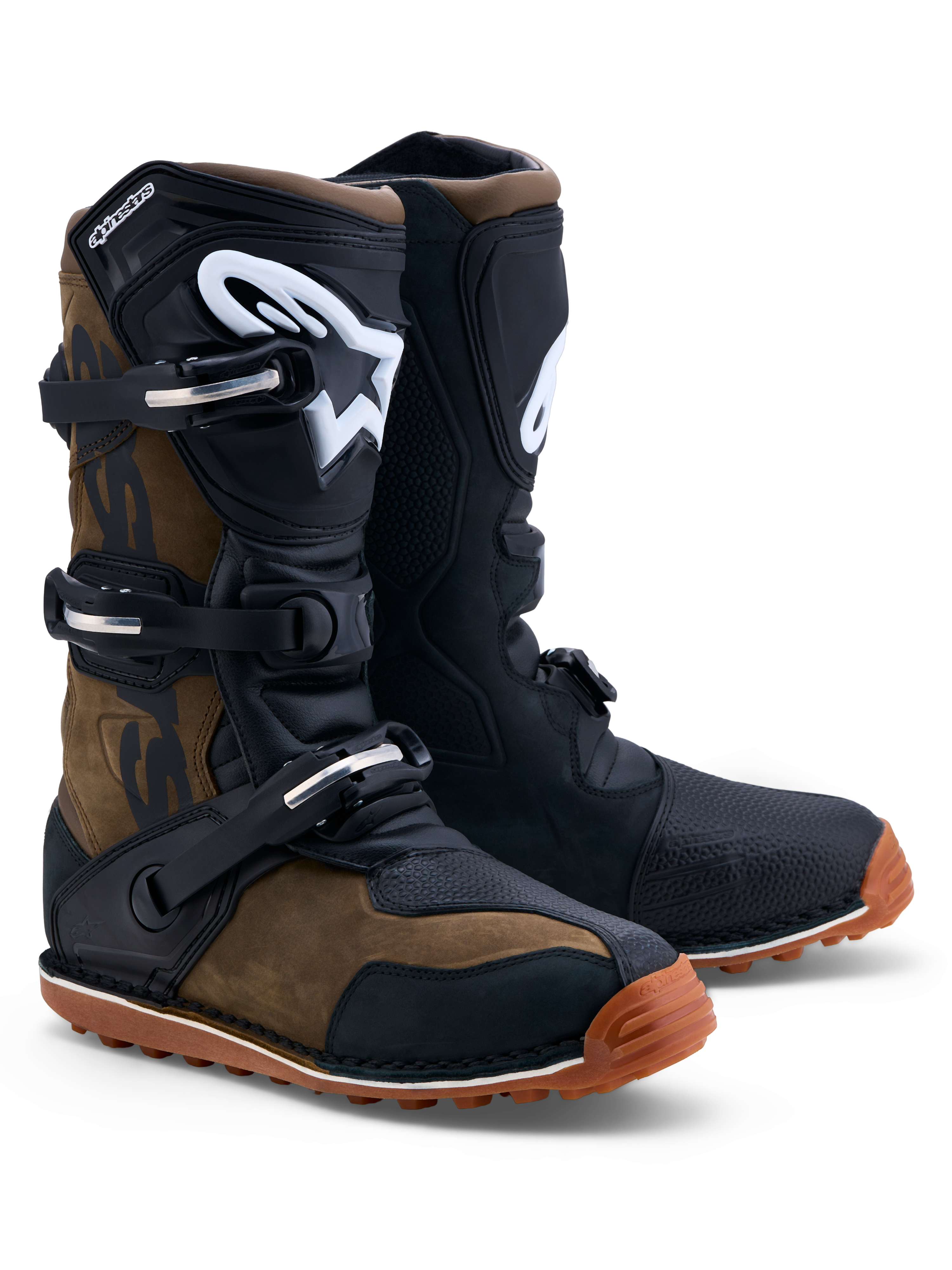 Alpinestars Tech-T laarzen, trials motorlaarzen, bruin en zwart leer, ergonomische TPU-scheenplaten, CE-gecertificeerd.