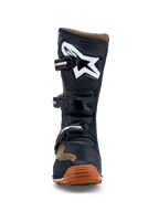 Alpinestars Tech-T heren-triallaarzen, bruin en zwart leer, wit logo, TPU-scheenplaat en bruine rubberen zool.