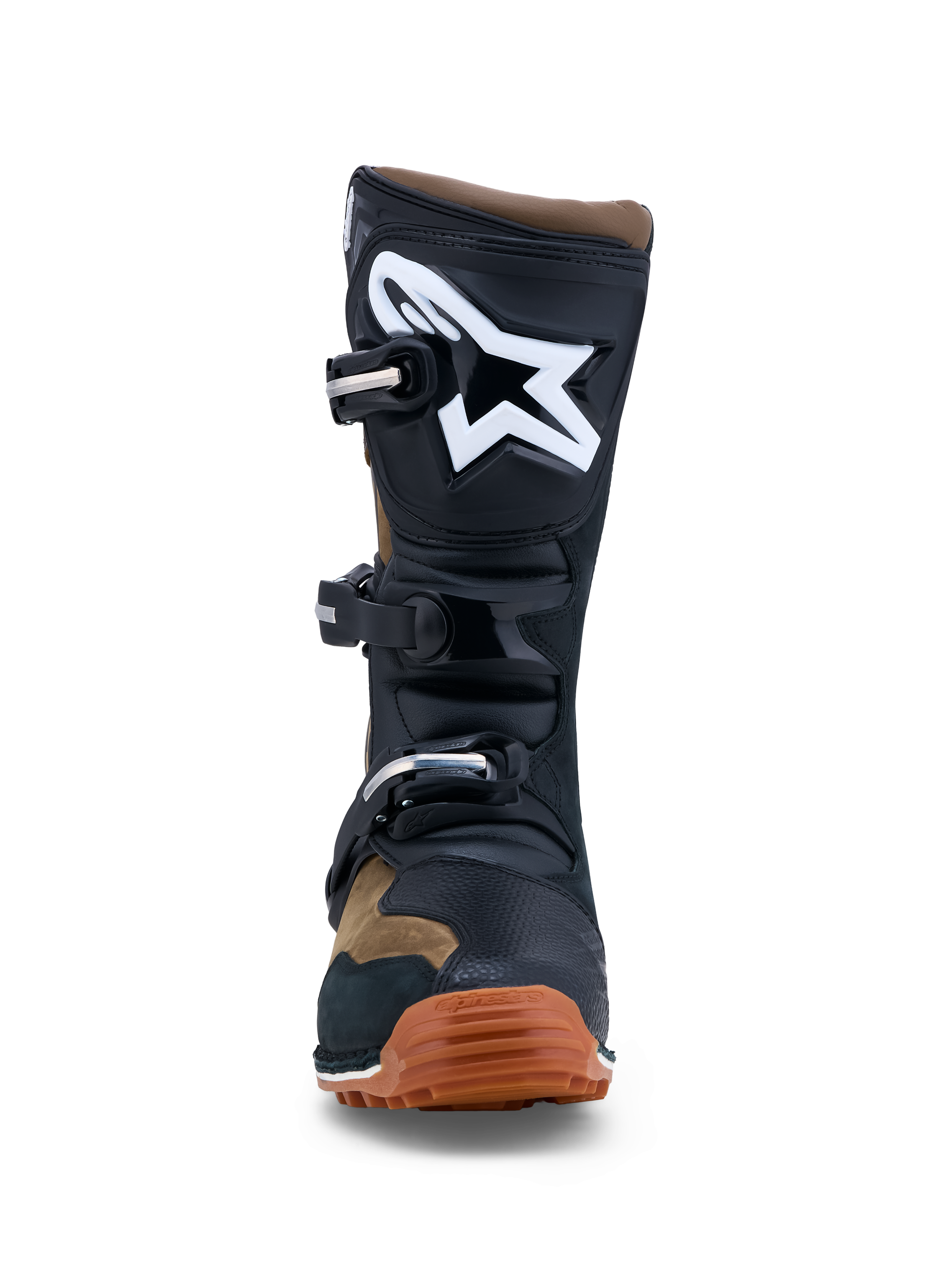 Alpinestars Tech-T heren-triallaarzen, bruin en zwart leer, wit logo, TPU-scheenplaat en bruine rubberen zool.