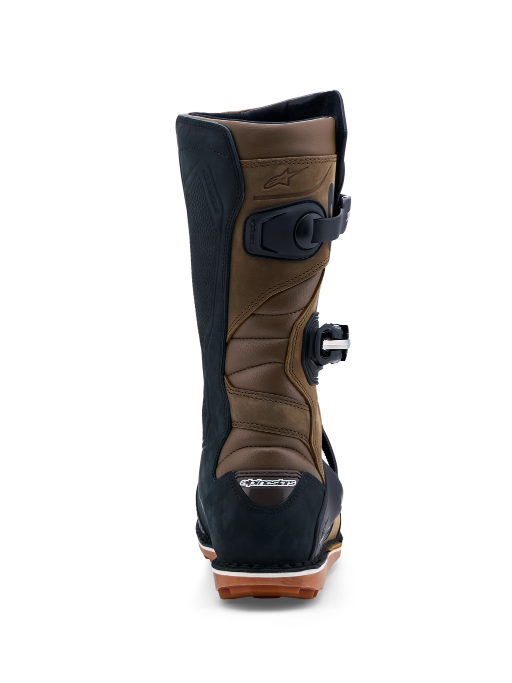 Alpinestars Tech-T laarzen, heren trials motorlaarzen, bruin en zwart leer, accordeon-stretchzones en gomzool, achteraanzicht.