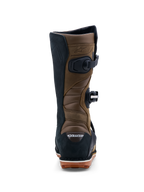 Alpinestars Tech-T laarzen, heren trials motorlaarzen, bruin en zwart leer, accordeon-stretchzones en gomzool, achteraanzicht.