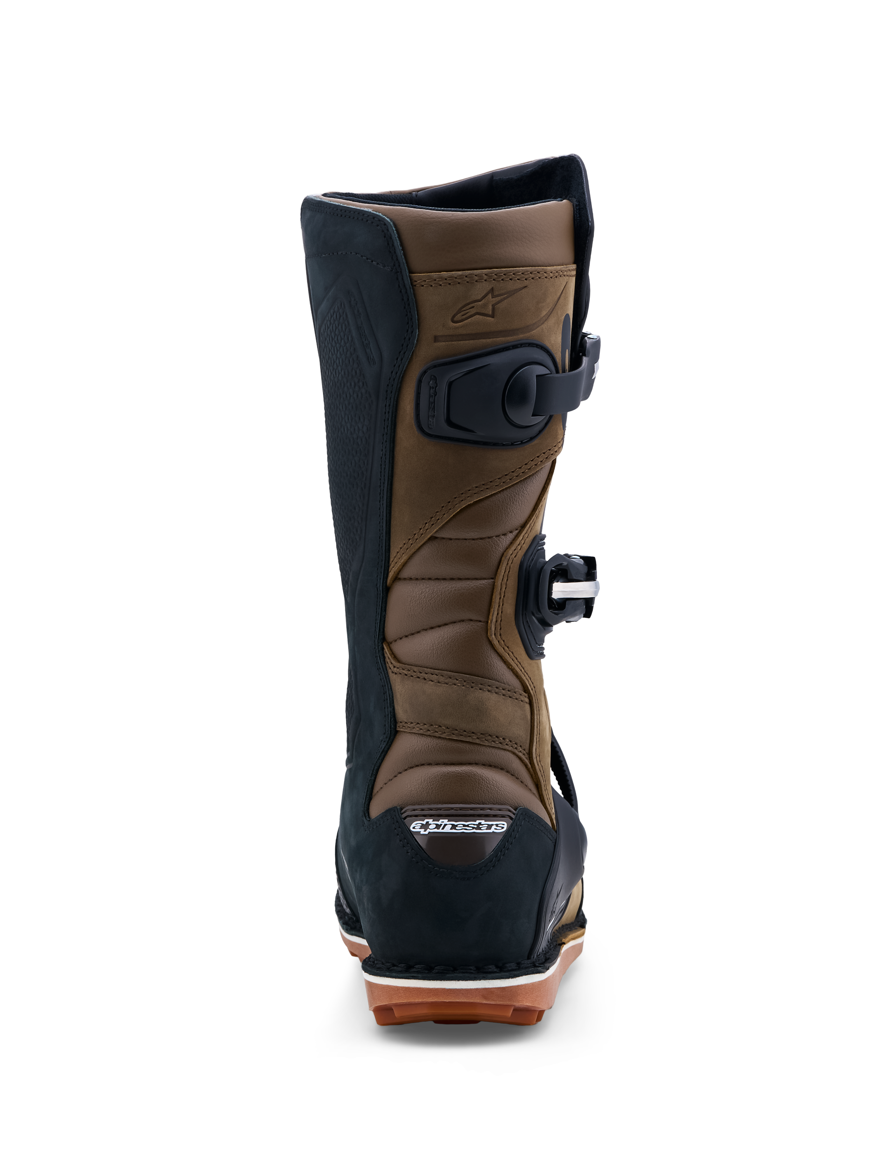 Alpinestars Tech-T laarzen, heren trials motorlaarzen, bruin en zwart leer, accordeon-stretchzones en gomzool, achteraanzicht.