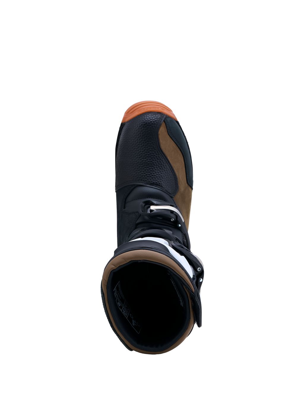 Alpinestars Tech-T laarzen, heren trials motorlaarzen, zwart en bruin leer, bovenaanzicht met gespsluiting, CE-gecertificeerd.