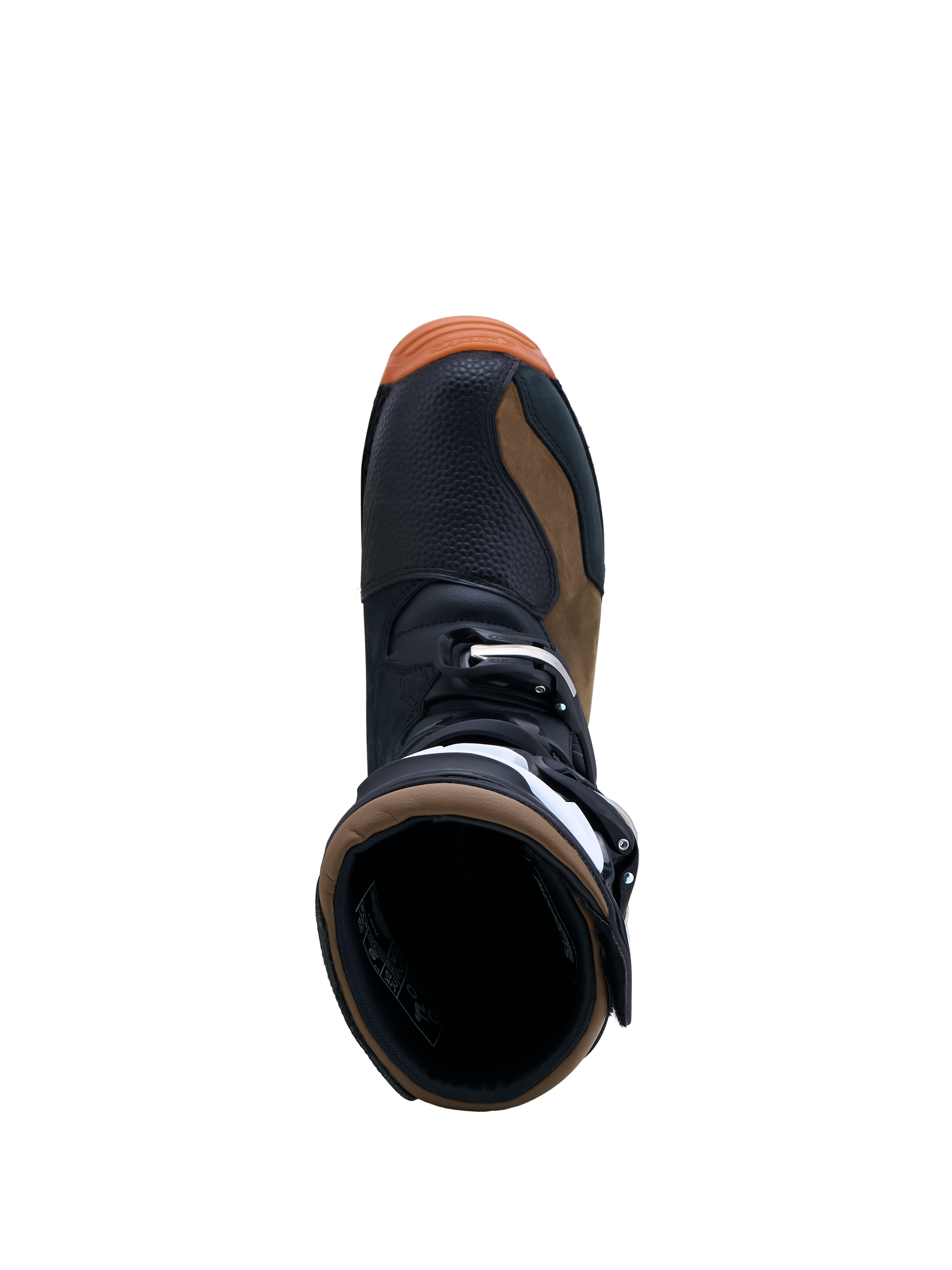 Alpinestars Tech-T laarzen, heren trials motorlaarzen, zwart en bruin leer, bovenaanzicht met gespsluiting, CE-gecertificeerd.