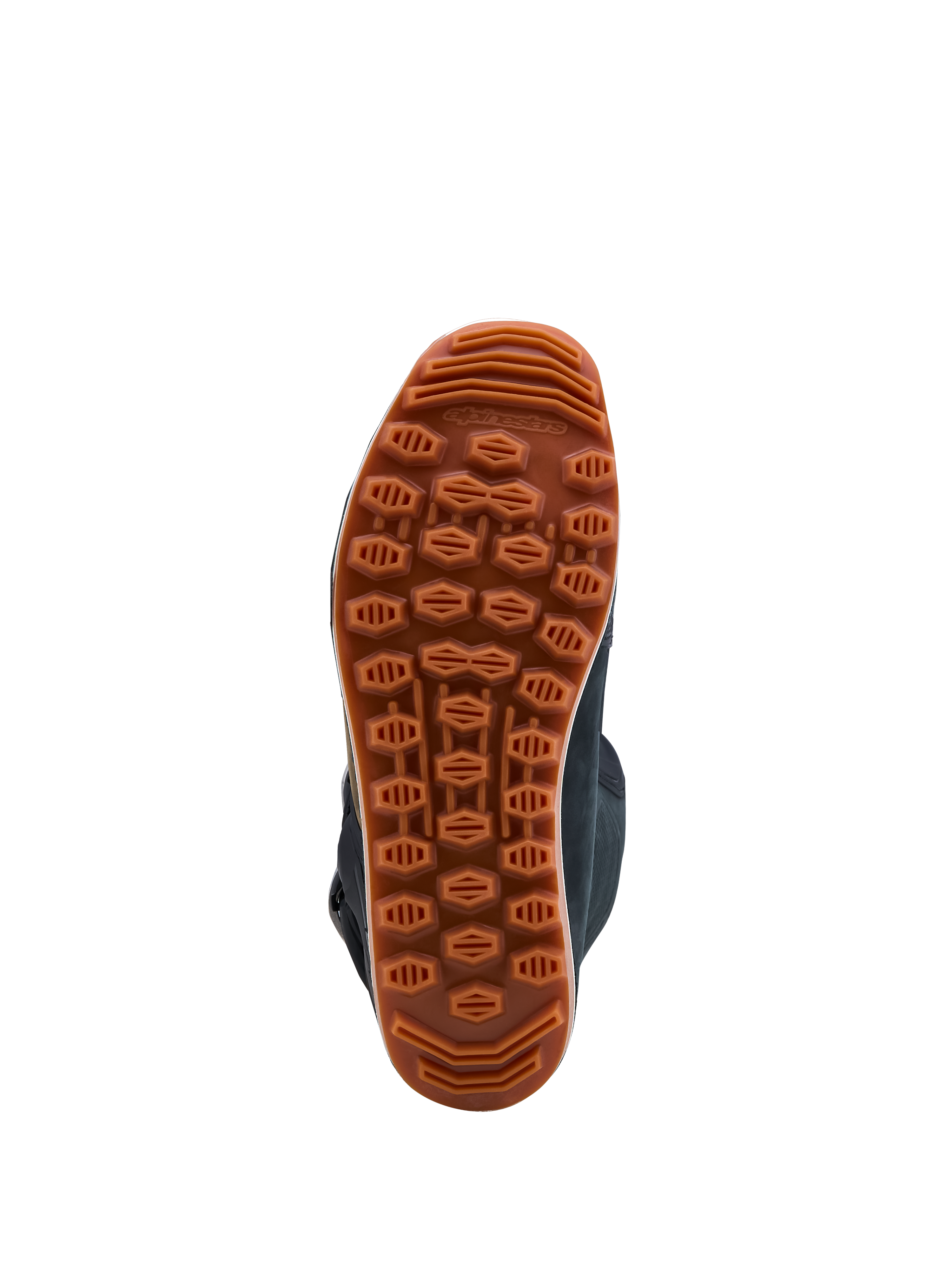 Alpinestars Tech-T laarzen, bruin en zwart, gomrubberen zool met hoge grip voor trialrijden op ruig terrein.
