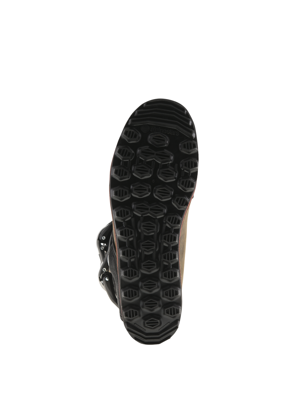 Alpinestars Tech-T Stiefel, Trial-Stiefel, braunes geöltes Leder, Unteransicht der schwarzen proprietären Sohle, texturiertes hexagonales Profilmuster für Grip und Fußrasten-Gefühl, langlebige Gummikonstruktion