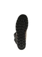 Alpinestars Tech-T Stiefel, Trial-Stiefel, braunes geöltes Leder, Unteransicht der schwarzen proprietären Sohle, texturiertes hexagonales Profilmuster für Grip und Fußrasten-Gefühl, langlebige Gummikonstruktion