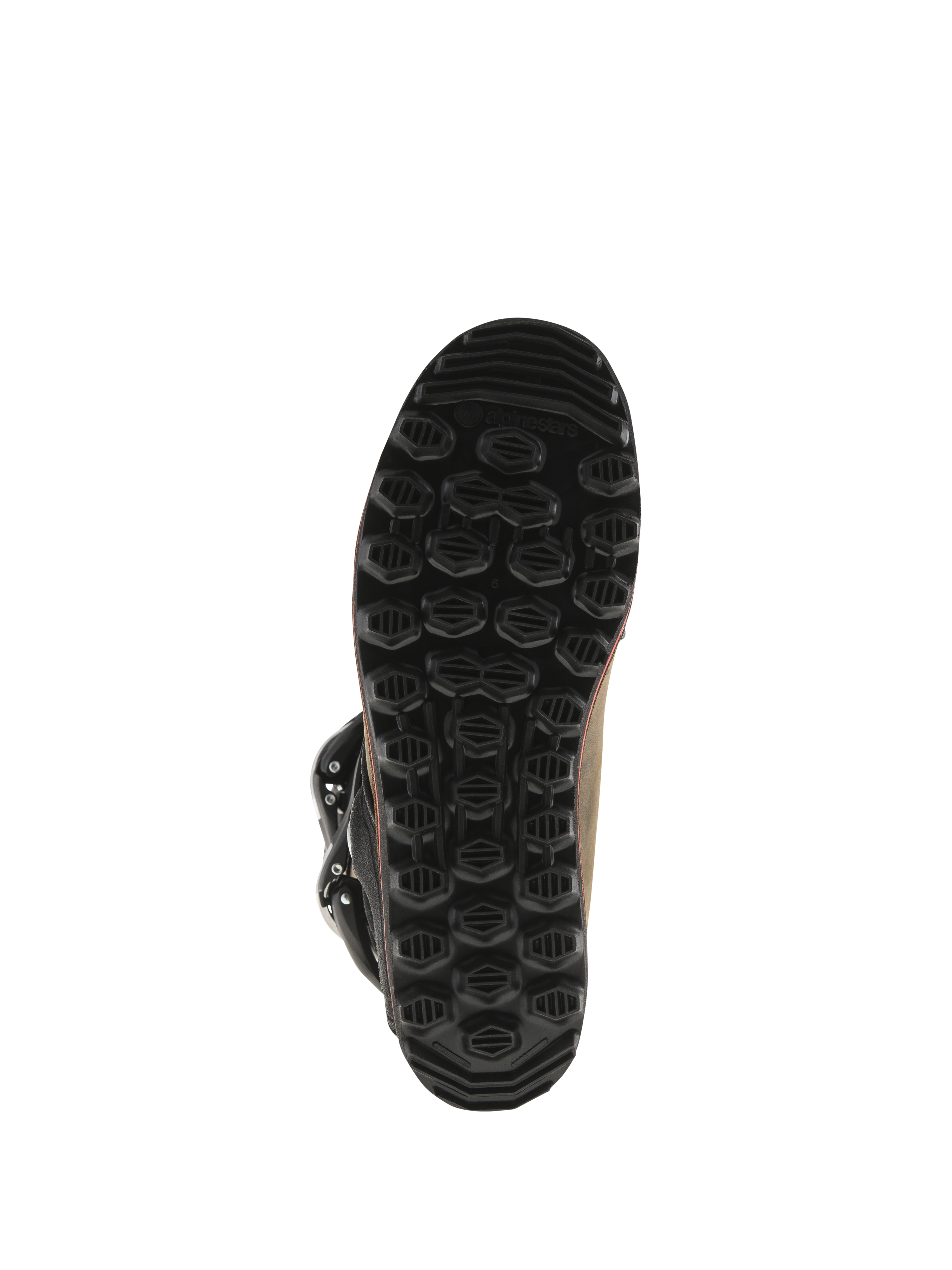 Alpinestars Tech-T Stiefel, Trial-Stiefel, braunes geöltes Leder, Unteransicht der schwarzen proprietären Sohle, texturiertes hexagonales Profilmuster für Grip und Fußrasten-Gefühl, langlebige Gummikonstruktion