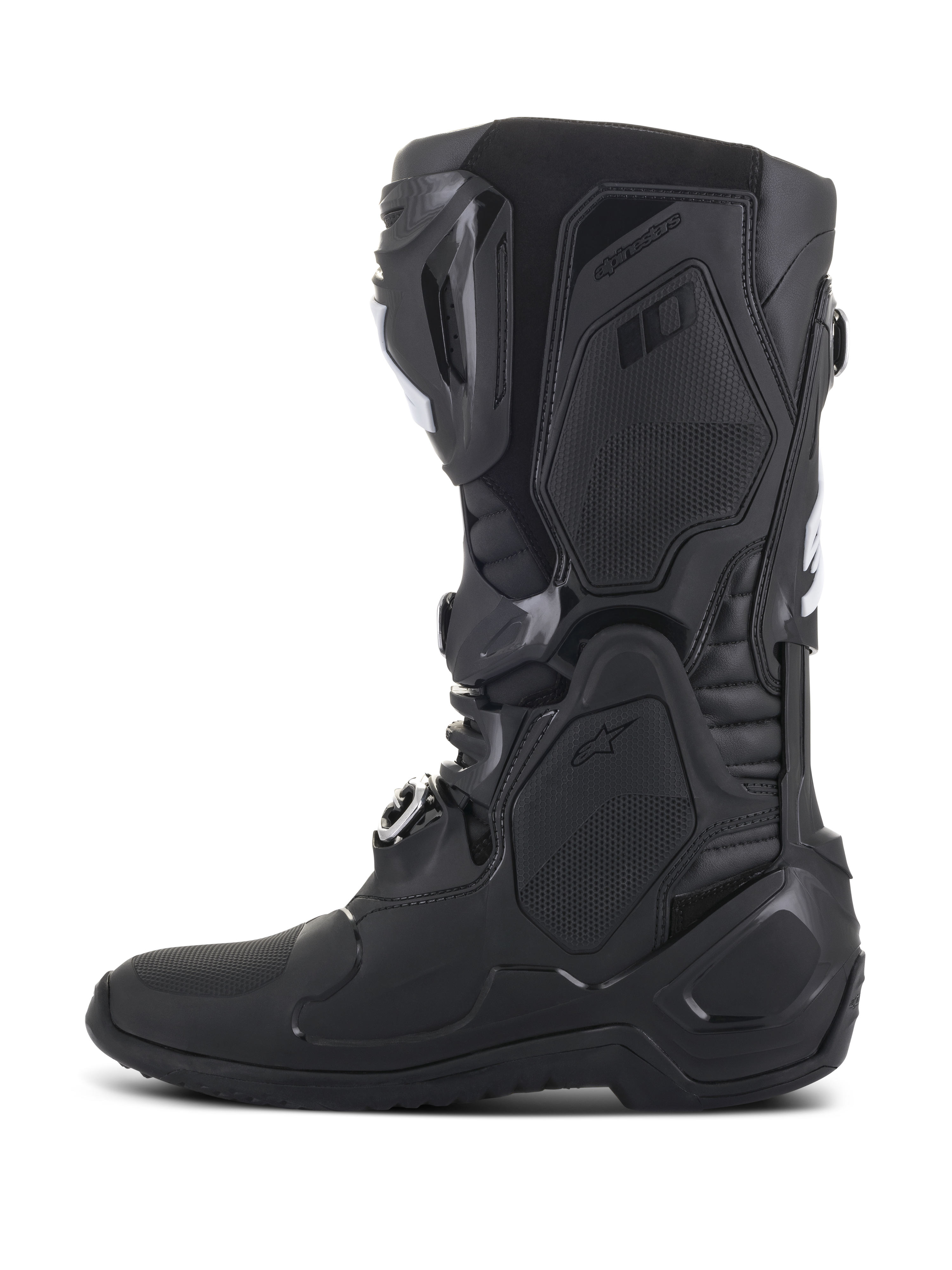 Alpinestars Tech 10 Boots, Black motocross boots, side profile view, featuring advanced TPU shell construction, streamlined design with buckle closures, and textured protective panels for professional off-road racing performance