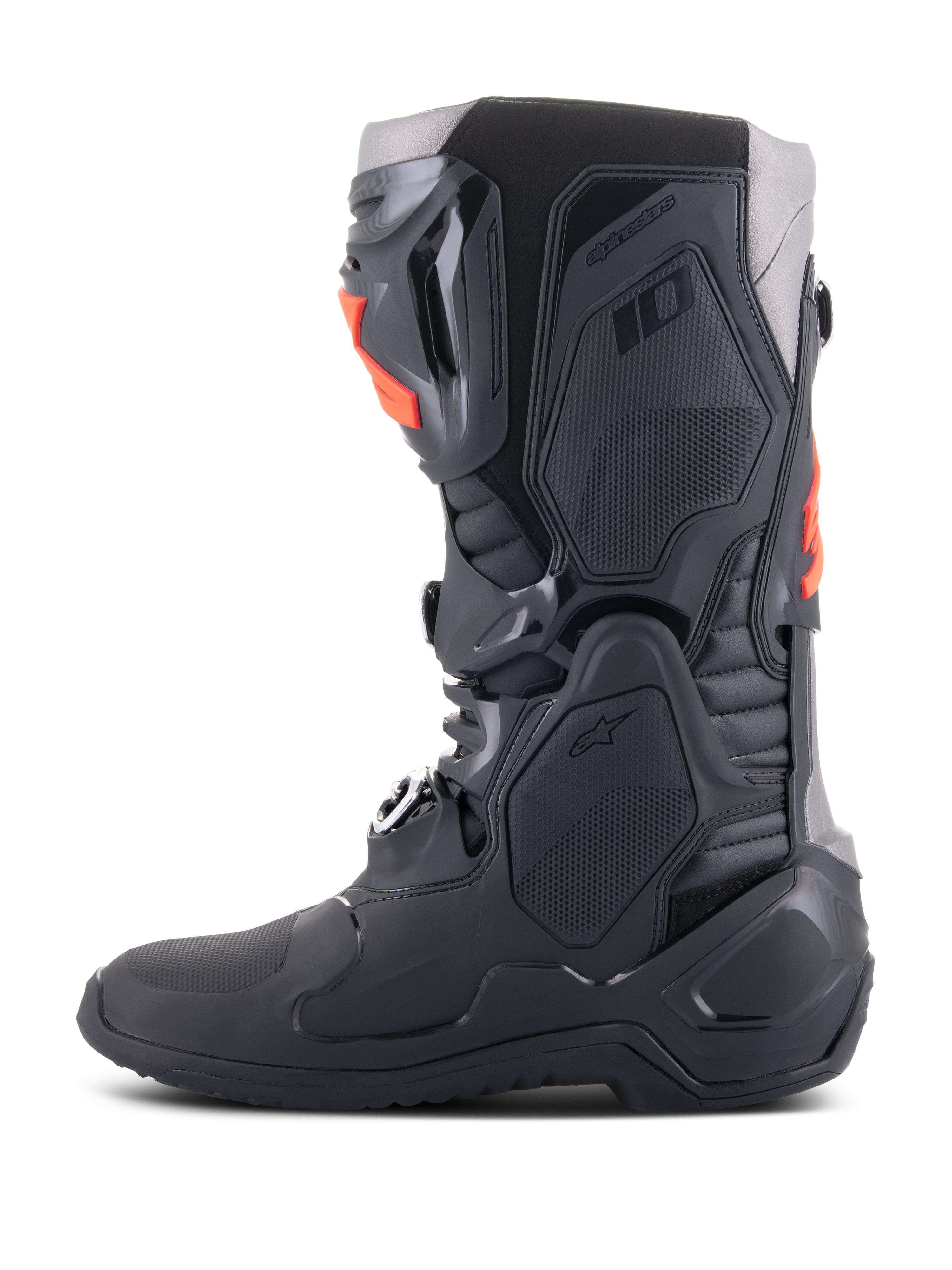 Alpinestars Tech 10 Stiefel, Motocross-Stiefel, Schwarz und Rot Fluo, Seitenansicht, mit einem Multi-Komponenten-Chassis mit schützenden TPU-Platten, Aluminium-Schnallen und einem stromlinienförmigen Design für den Offroad-Rennsport.