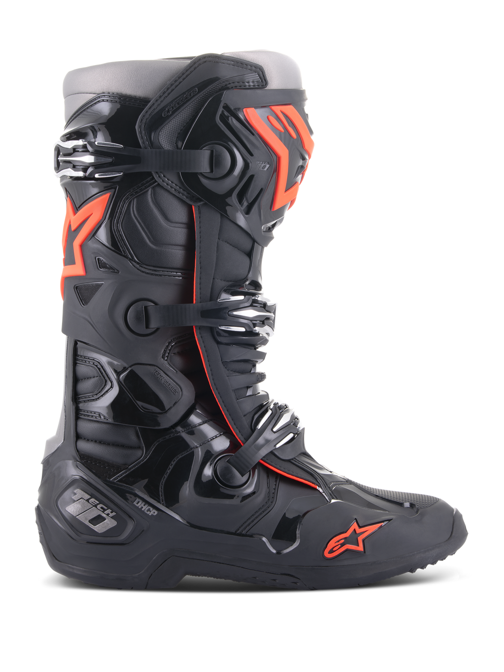 Alpinestars Tech 10 Stiefel, Motocross-Offroad-Rennstiefel, Schwarz und Rot Fluo, mit Drei-Schnallen-Verschlusssystem, konturierter TPU-Schutzschale, rotem Stern-Logo im Zehenbereich, Hochleistungskonstruktion für professionelles MX-Fahren